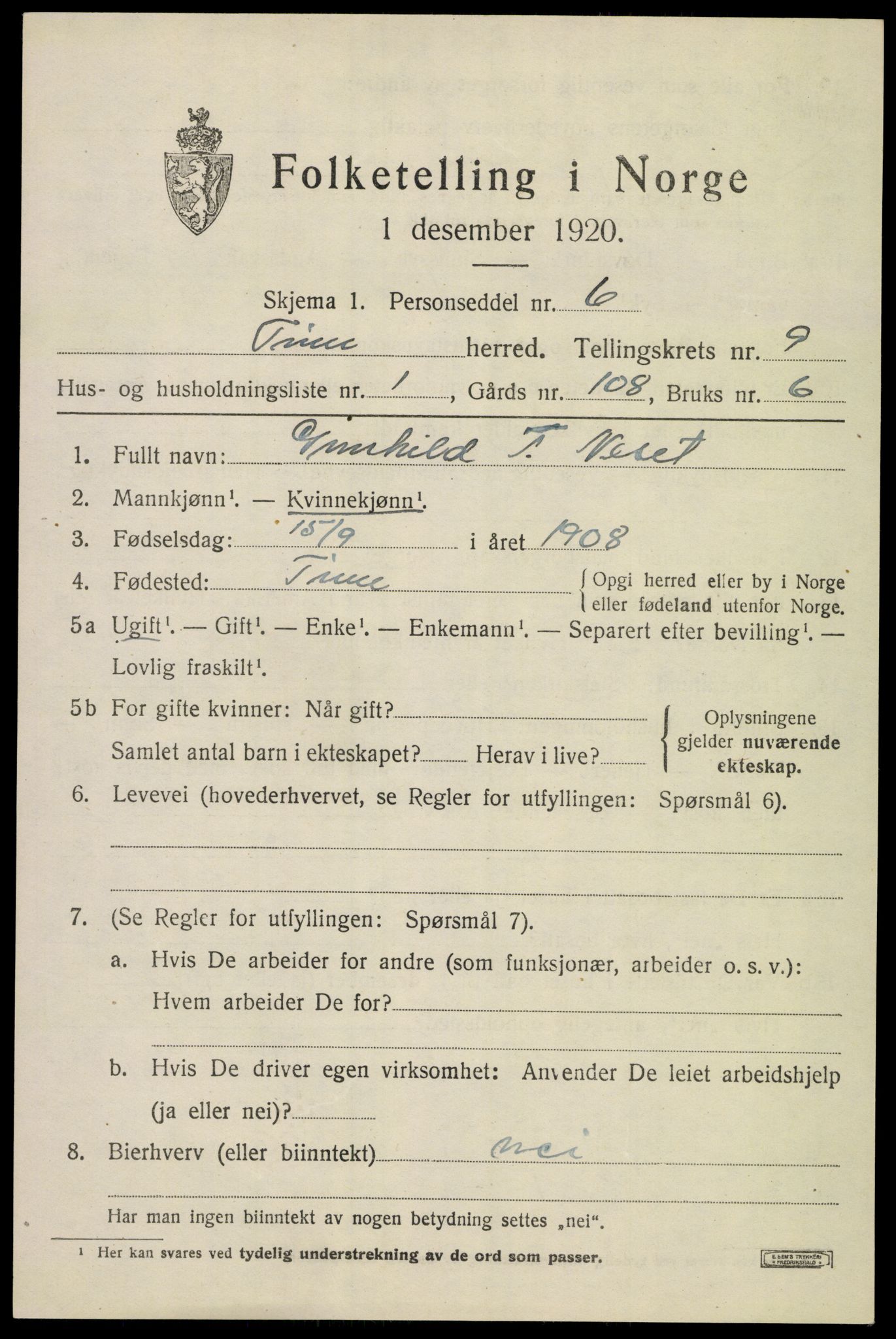 SAKO, 1920 census for Tinn, 1920, p. 5958