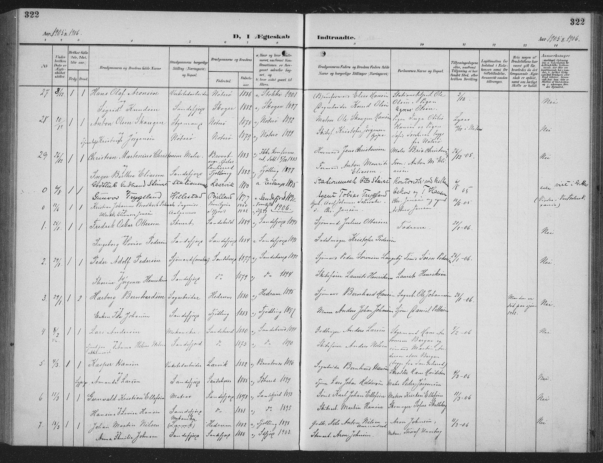 Sandefjord kirkebøker, AV/SAKO-A-315/G/Ga/L0003: Parish register (copy) no. 3, 1903-1920, p. 322