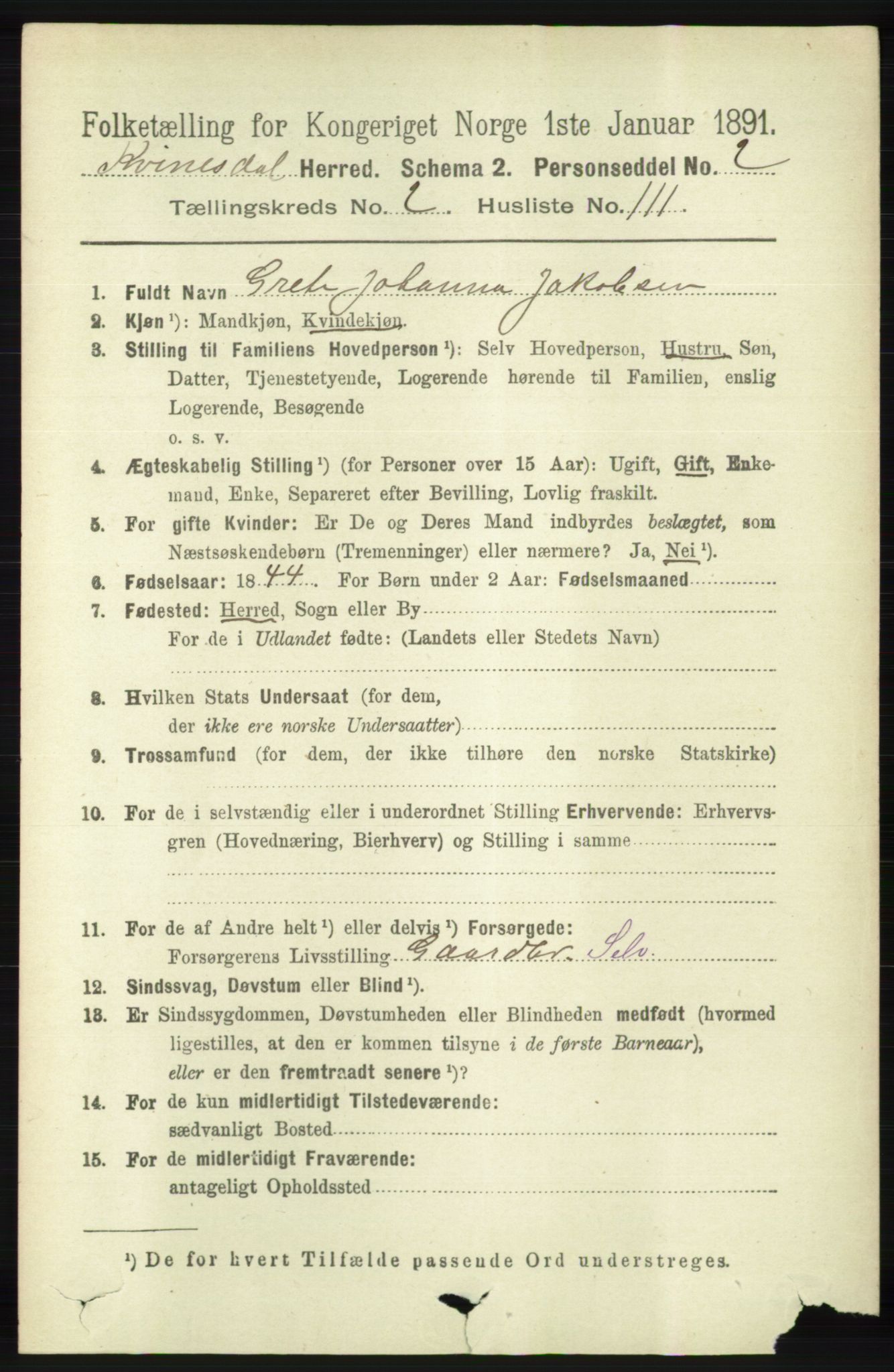 RA, 1891 census for 1037 Kvinesdal, 1891, p. 952