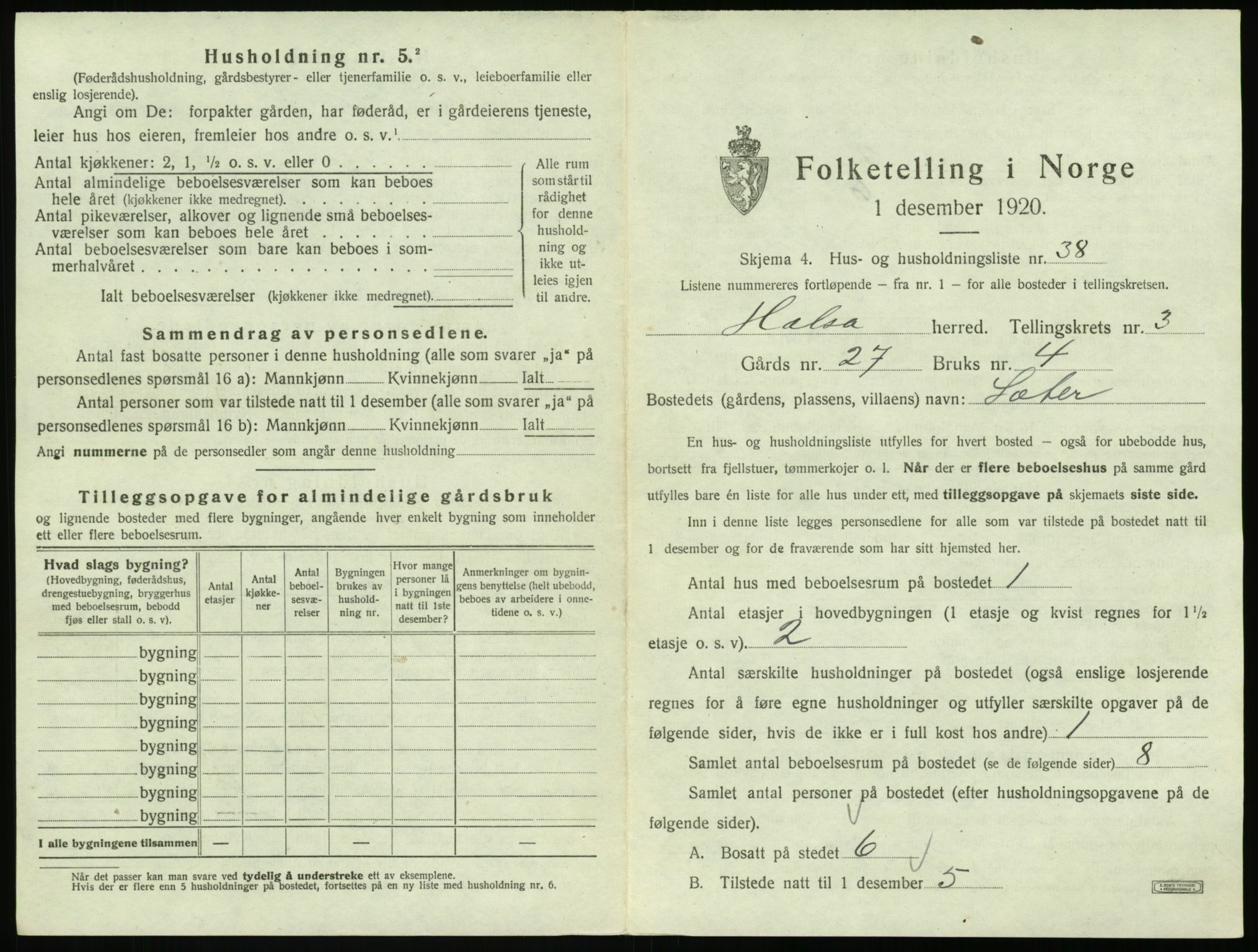 SAT, 1920 census for Halsa, 1920, p. 218