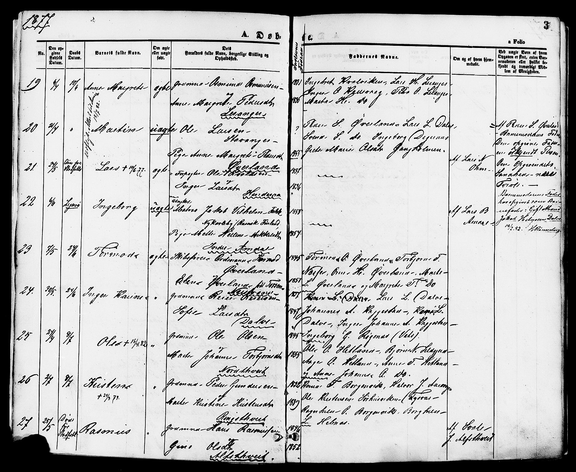 Nedstrand sokneprestkontor, AV/SAST-A-101841/01/IV: Parish register (official) no. A 11, 1877-1887, p. 3