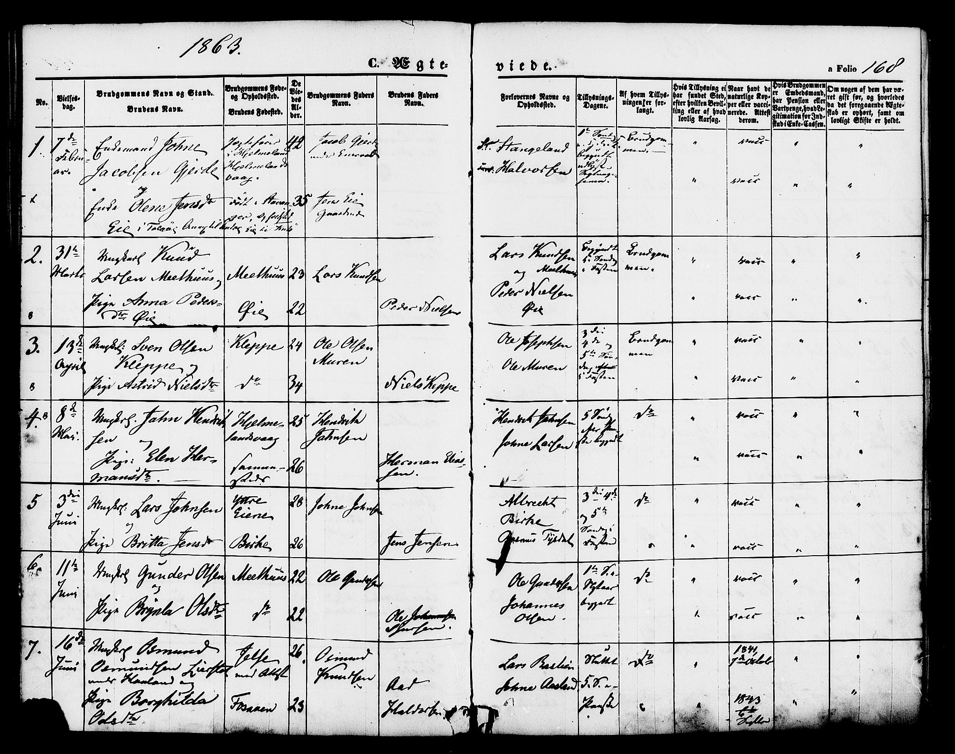 Hjelmeland sokneprestkontor, AV/SAST-A-101843/01/IV/L0011: Parish register (official) no. A 11, 1861-1878, p. 168