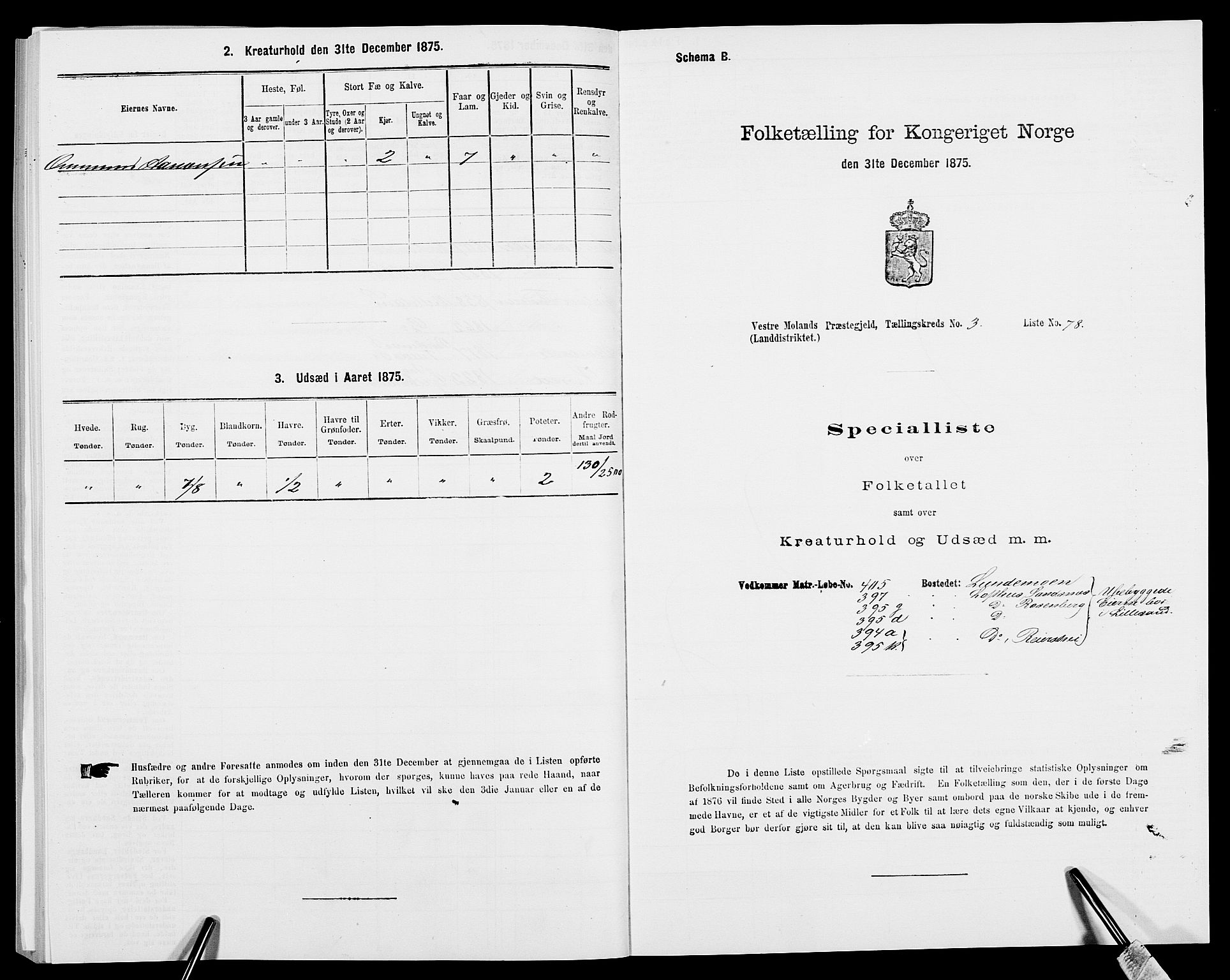 SAK, 1875 census for 0926L Vestre Moland/Vestre Moland, 1875, p. 551