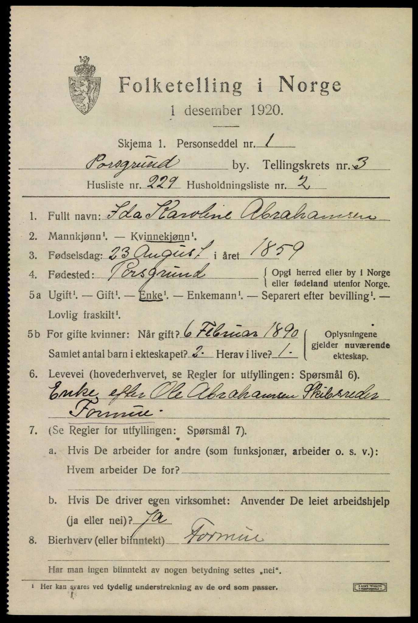 SAKO, 1920 census for Porsgrunn, 1920, p. 17321