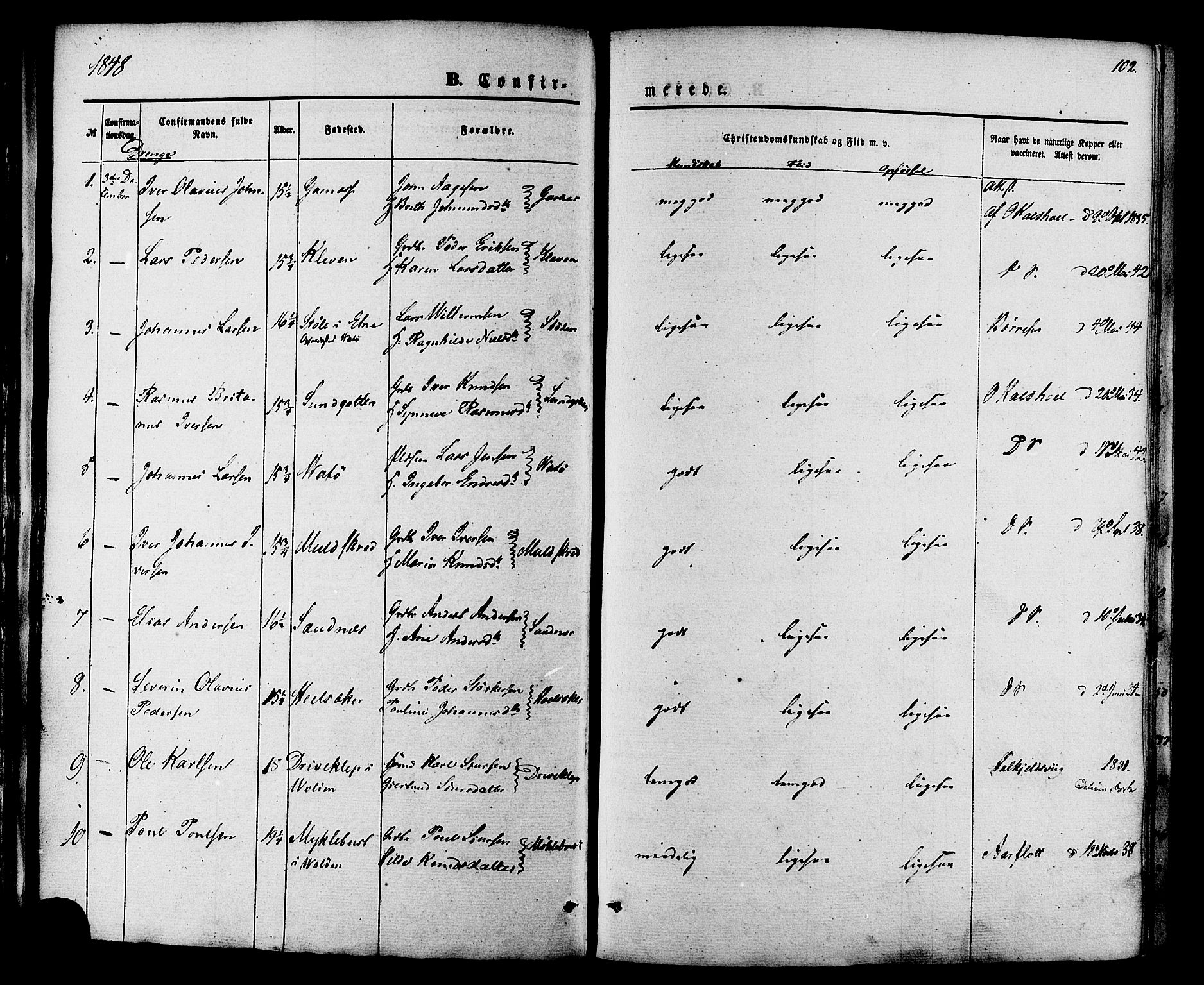 Ministerialprotokoller, klokkerbøker og fødselsregistre - Møre og Romsdal, SAT/A-1454/509/L0105: Parish register (official) no. 509A03, 1848-1882, p. 102
