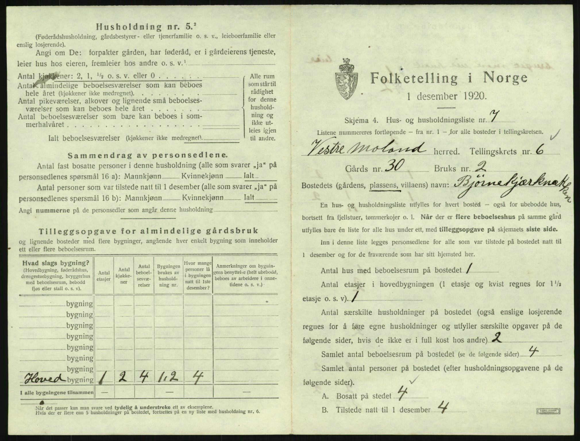 SAK, 1920 census for Vestre Moland, 1920, p. 831