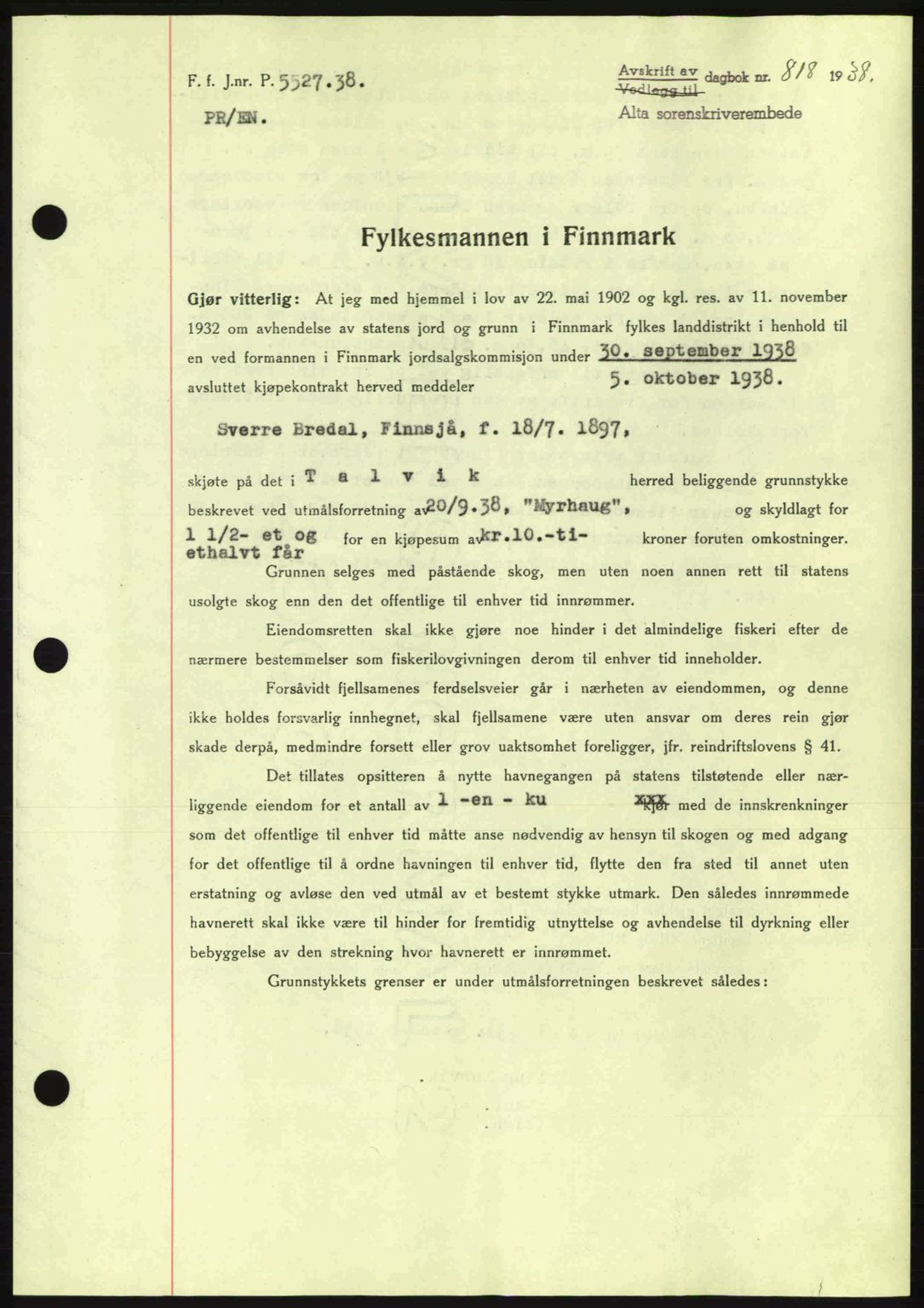 Alta fogderi/sorenskriveri, SATØ/SATØ-5/1/K/Kd/L0031pantebok: Mortgage book no. 31, 1938-1939, Diary no: : 818/1938
