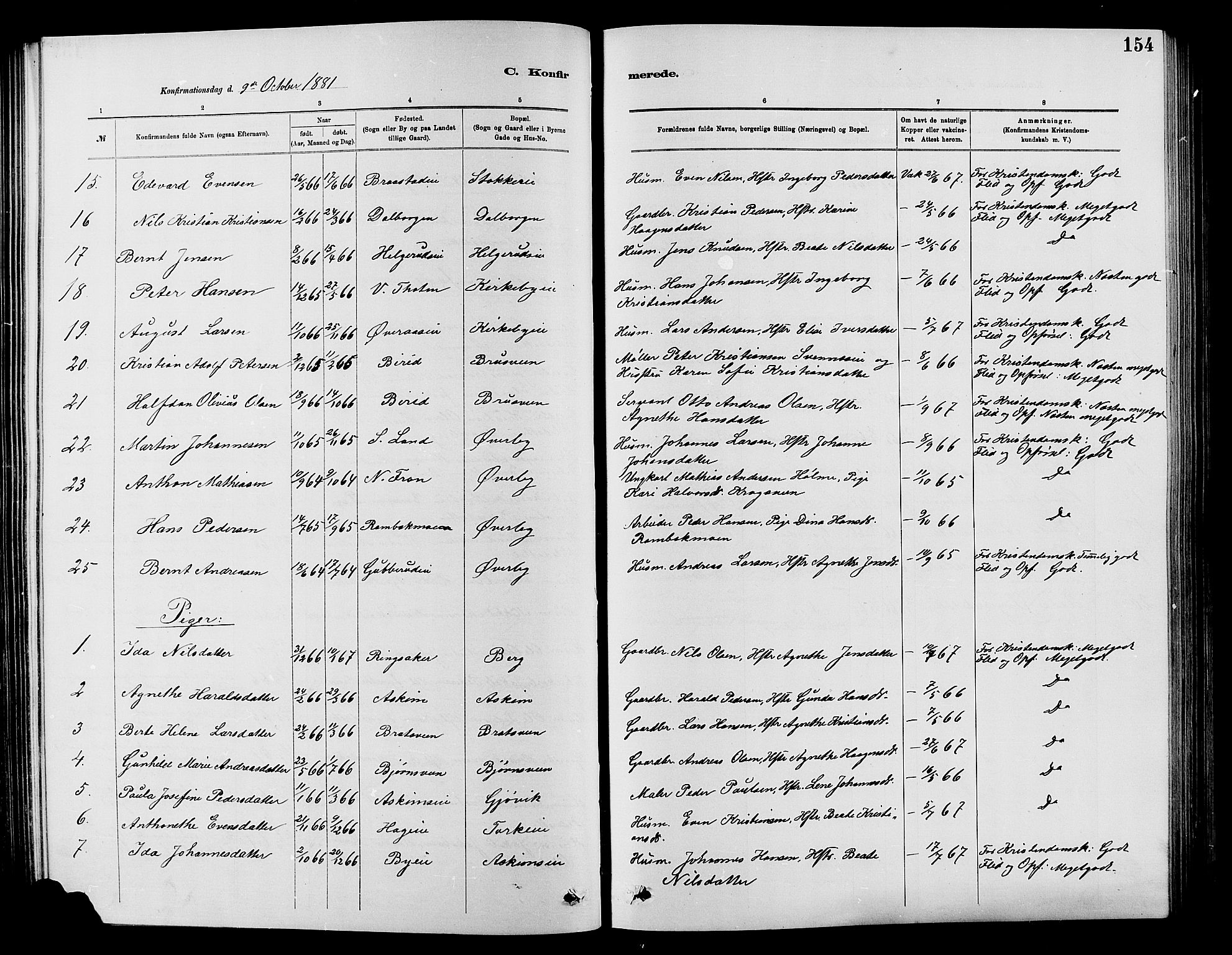 Vardal prestekontor, SAH/PREST-100/H/Ha/Hab/L0007: Parish register (copy) no. 7 /1, 1881-1895, p. 154