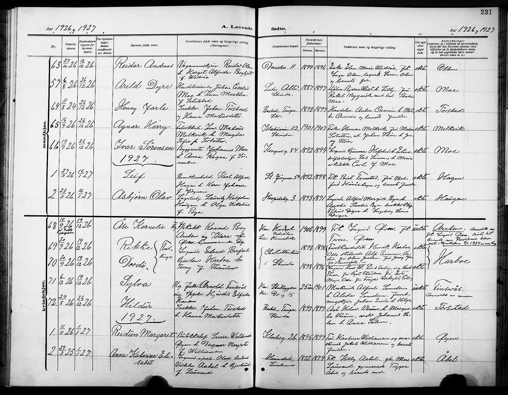 Ministerialprotokoller, klokkerbøker og fødselsregistre - Sør-Trøndelag, SAT/A-1456/601/L0096: Parish register (copy) no. 601C14, 1911-1931, p. 231