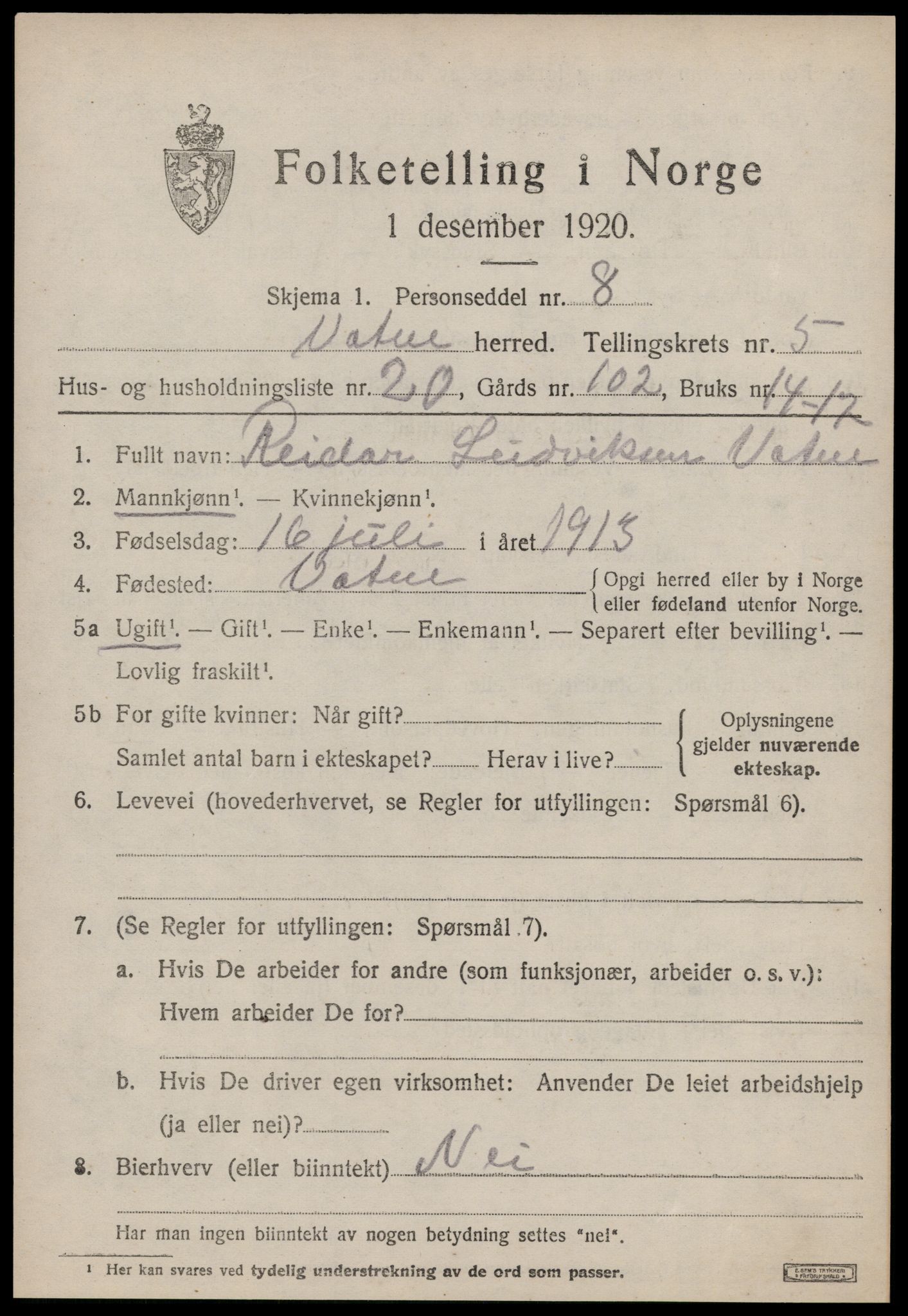 SAT, 1920 census for Vatne, 1920, p. 2426