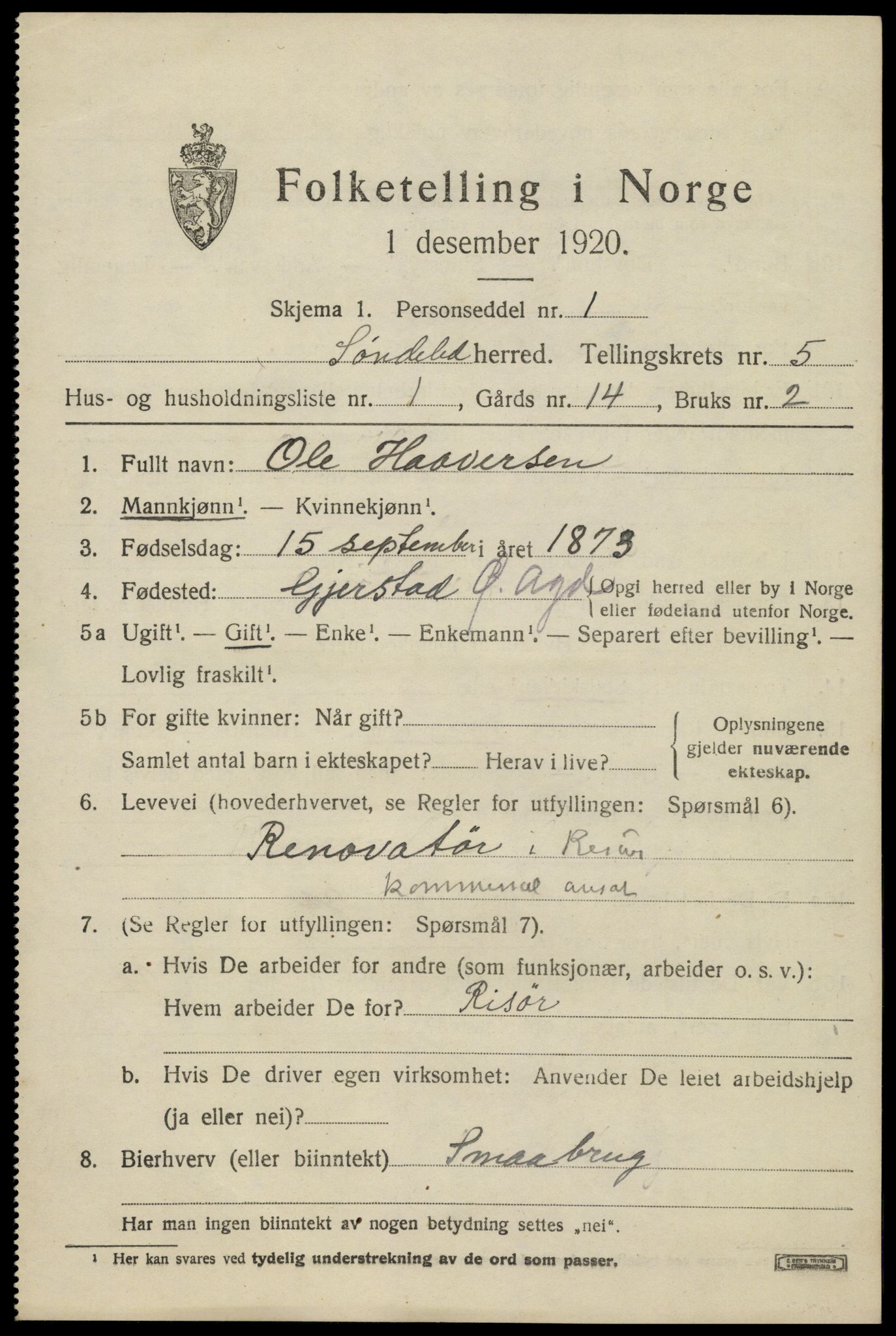 SAK, 1920 census for Søndeled, 1920, p. 2863