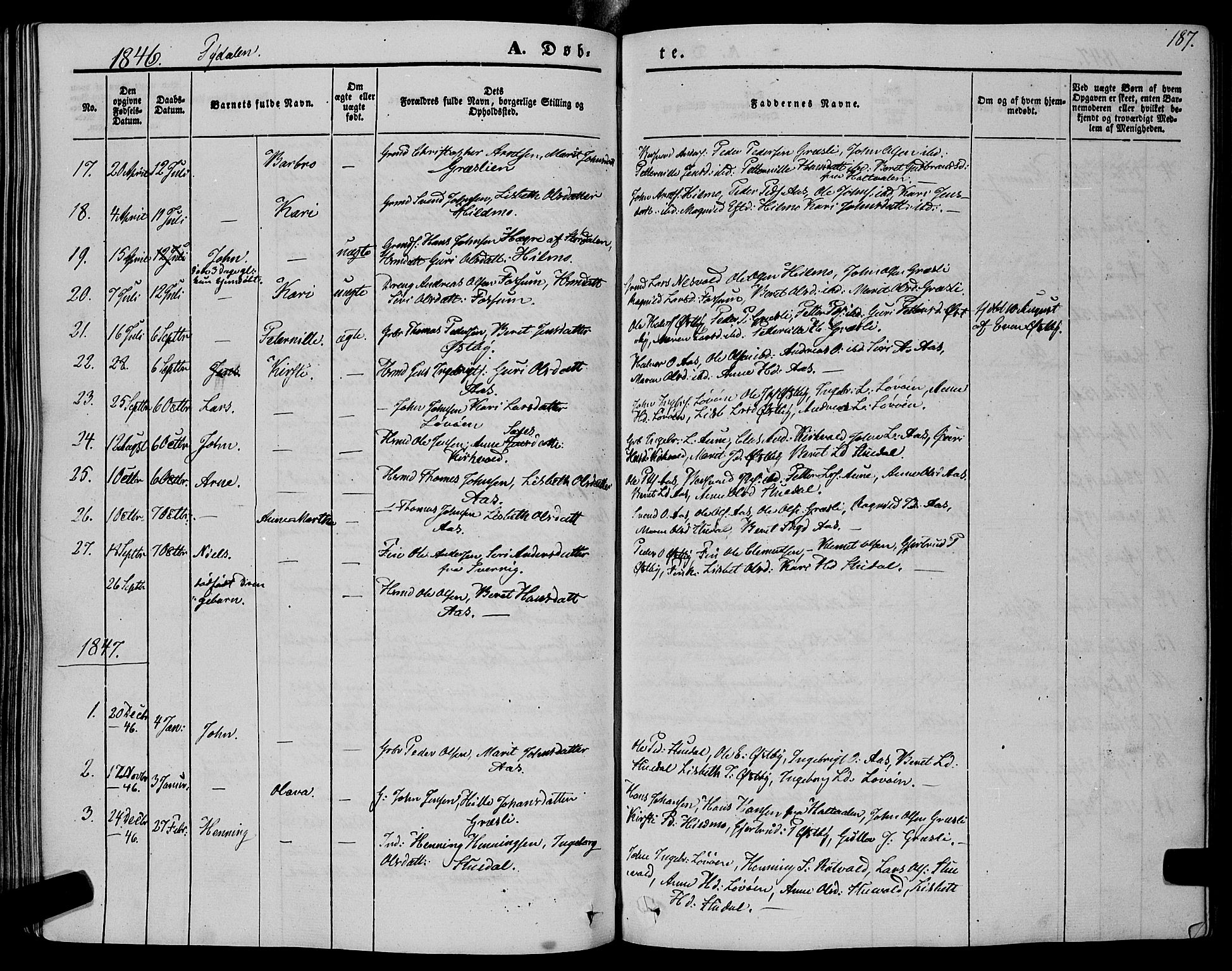 Ministerialprotokoller, klokkerbøker og fødselsregistre - Sør-Trøndelag, SAT/A-1456/695/L1146: Parish register (official) no. 695A06 /2, 1843-1859, p. 187