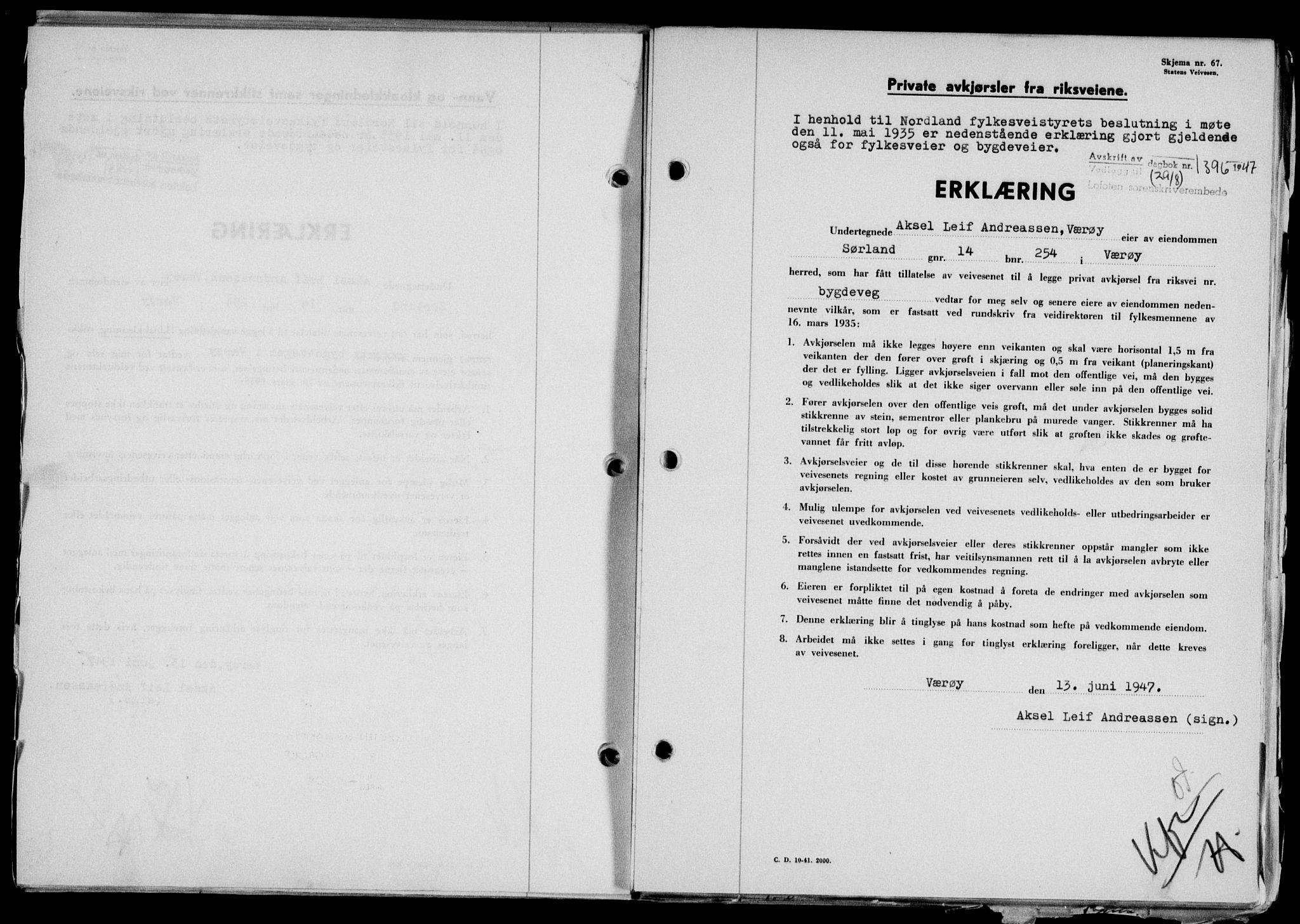 Lofoten sorenskriveri, SAT/A-0017/1/2/2C/L0016a: Mortgage book no. 16a, 1947-1947, Diary no: : 1396/1947