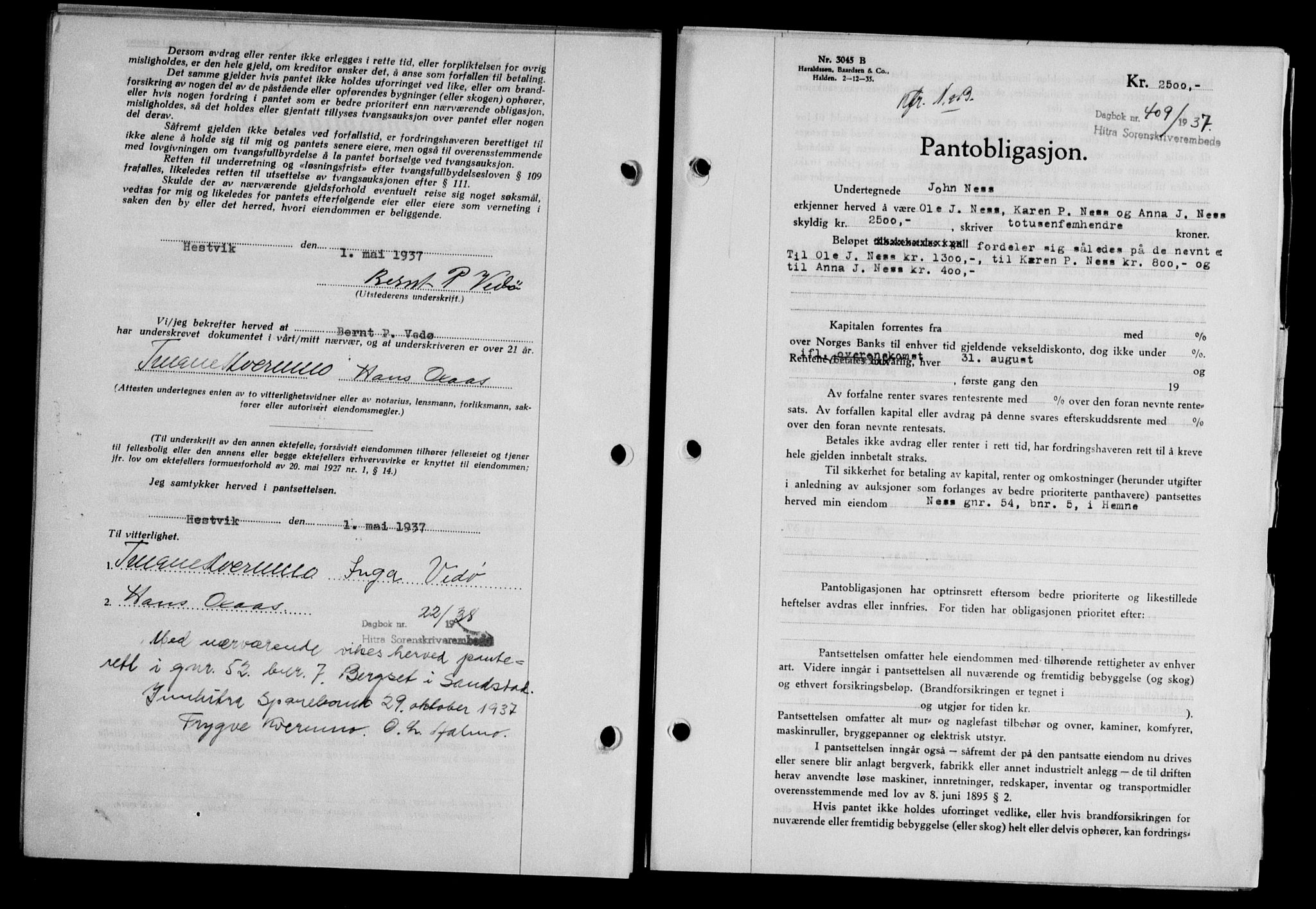 Hitra sorenskriveri, AV/SAT-A-0018/2/2C/2Ca/L0028: Mortgage book no. B-1, 1936-1939, Diary no: : 409/1937