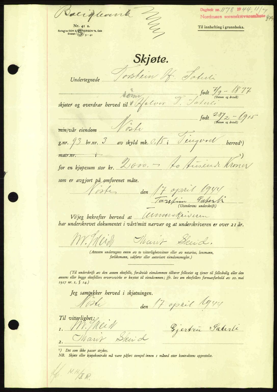 Nordmøre sorenskriveri, AV/SAT-A-4132/1/2/2Ca: Mortgage book no. A97, 1944-1944, Diary no: : 1178/1944