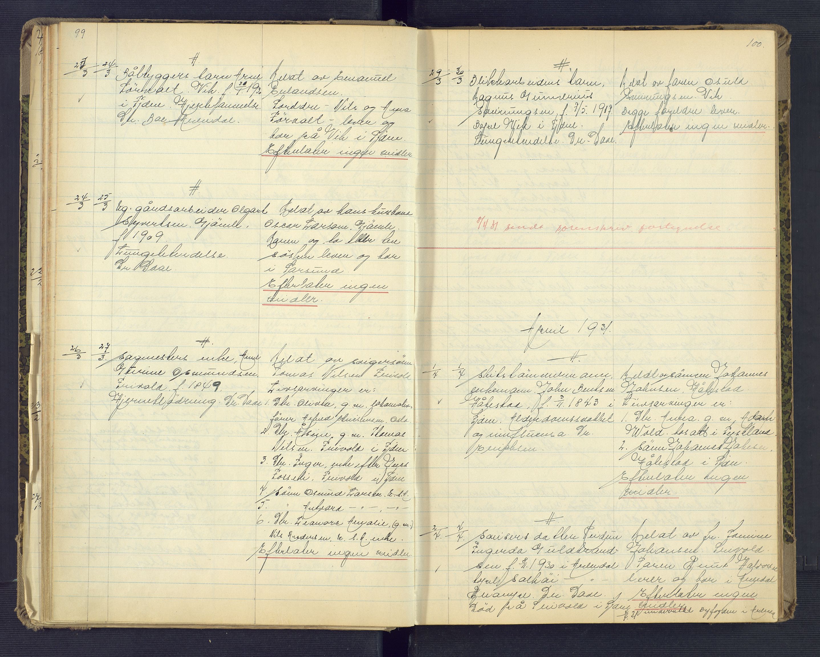 Landvik og Fjære lensmannskontor, AV/SAK-1241-0027/F/Fe/L0003: Anmeldte dødsfall nr 32, 1926-1935, p. 99-100