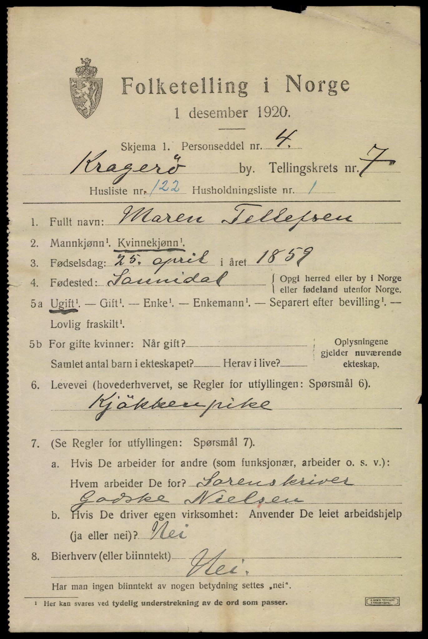 SAKO, 1920 census for Kragerø, 1920, p. 11099