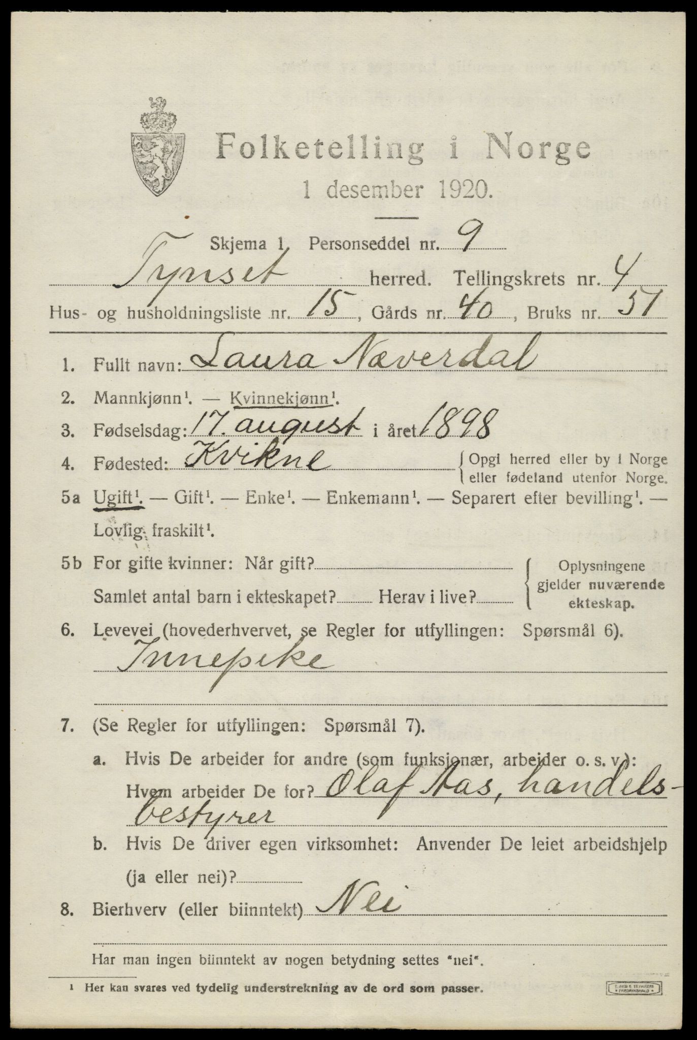 SAH, 1920 census for Tynset, 1920, p. 3394