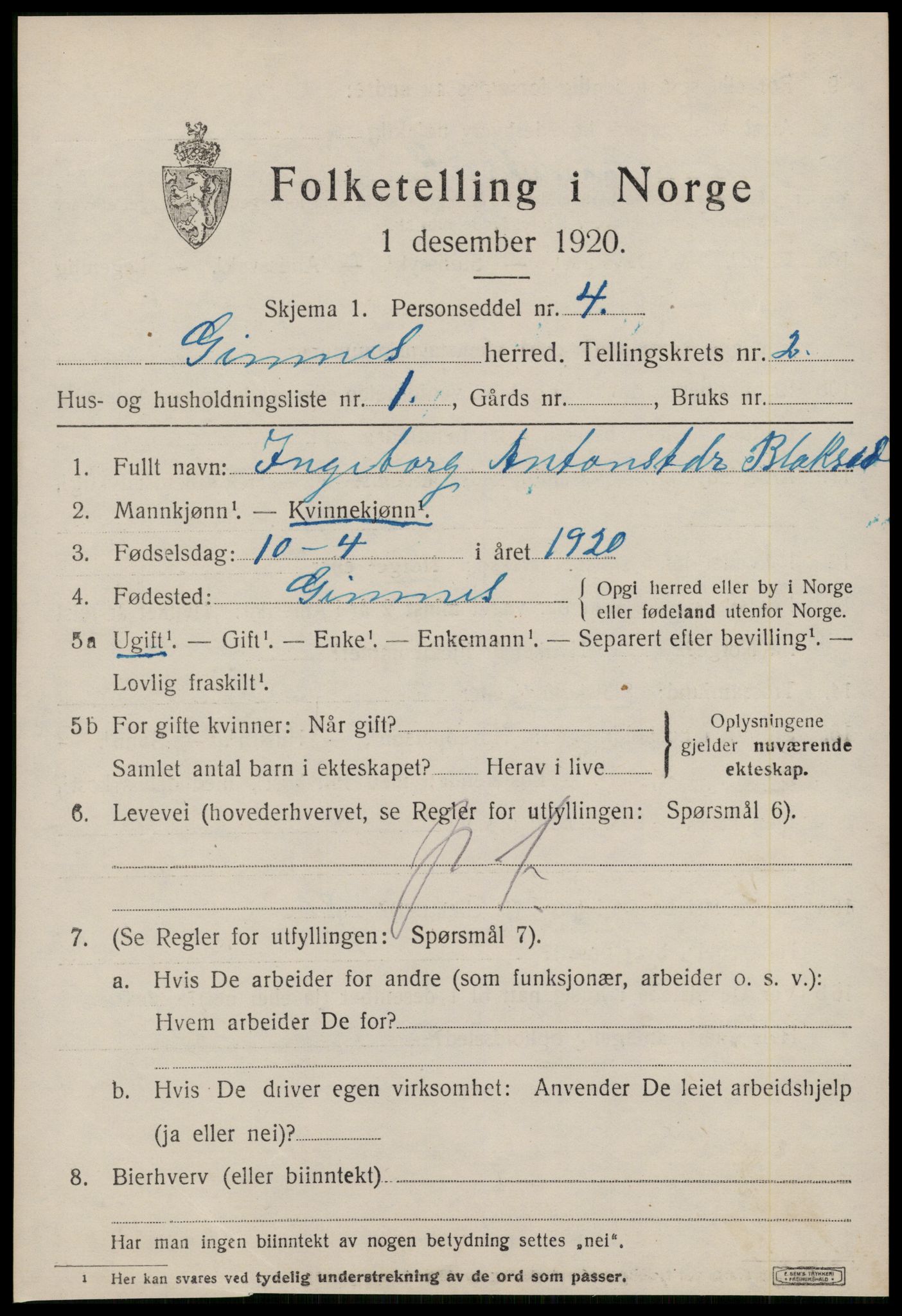 SAT, 1920 census for Gjemnes, 1920, p. 730