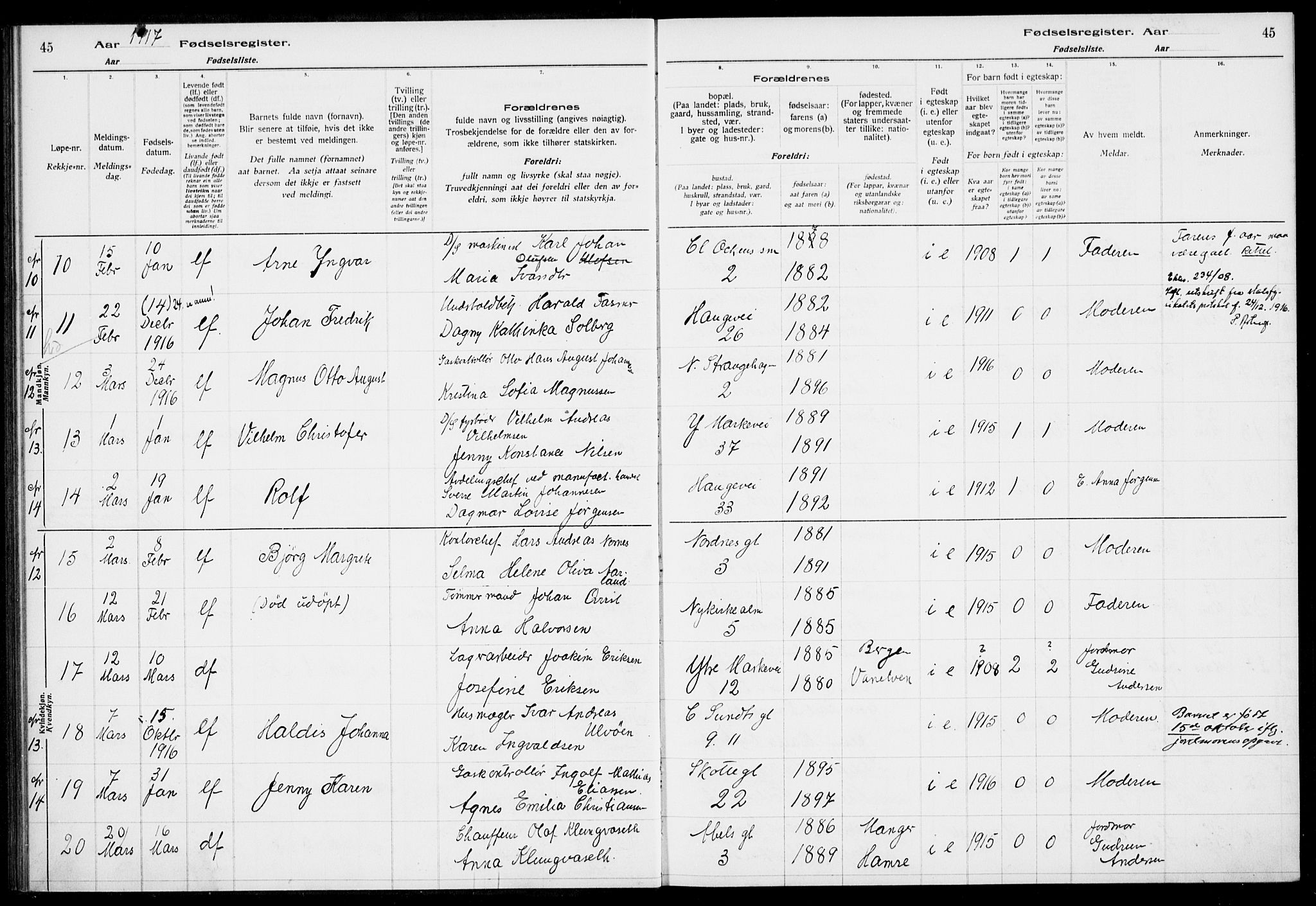 Nykirken Sokneprestembete, AV/SAB-A-77101/I/Id/L00A1: Birth register no. A 1, 1916-1922, p. 45