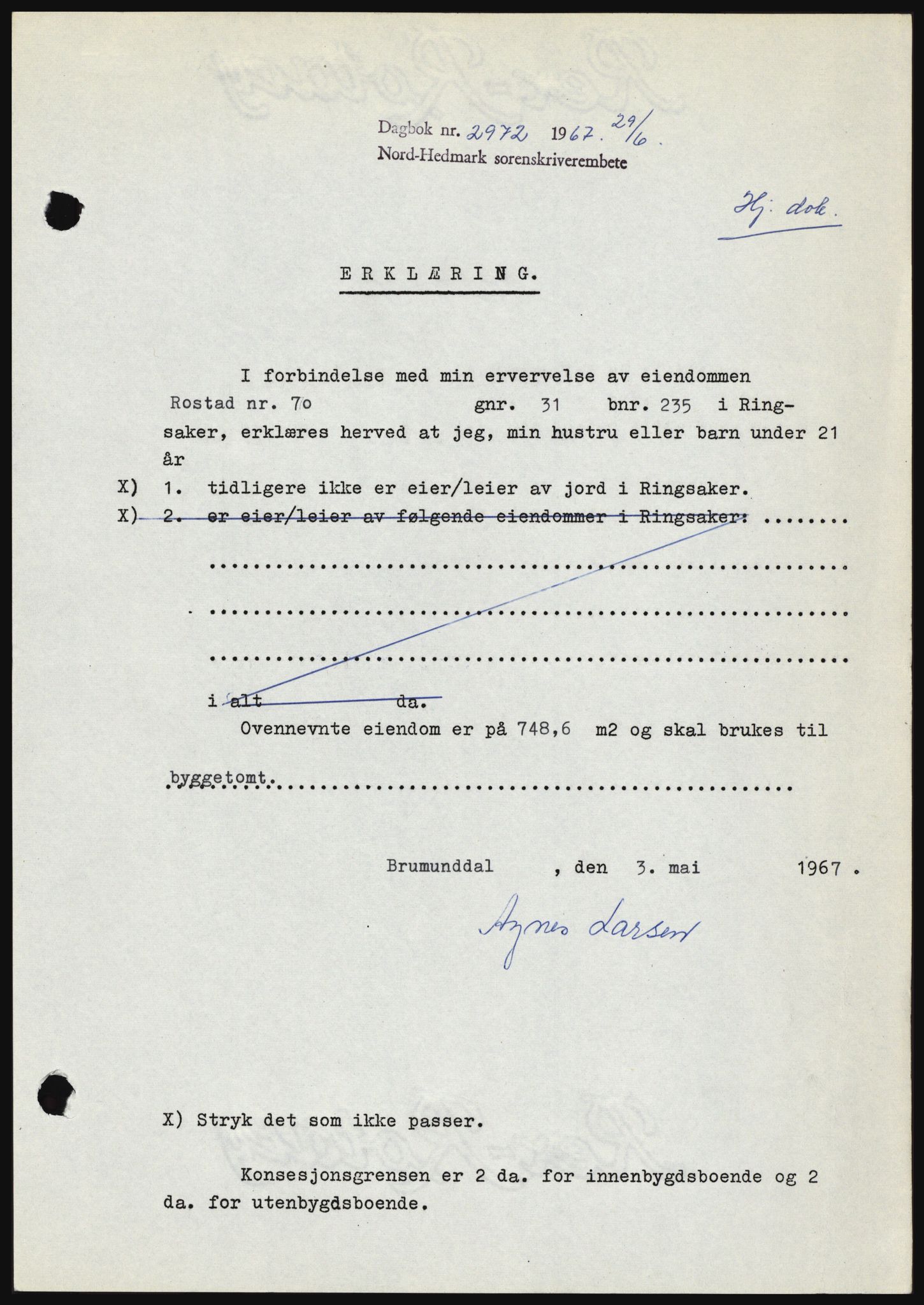 Nord-Hedmark sorenskriveri, SAH/TING-012/H/Hc/L0026: Mortgage book no. 26, 1967-1967, Diary no: : 2972/1967