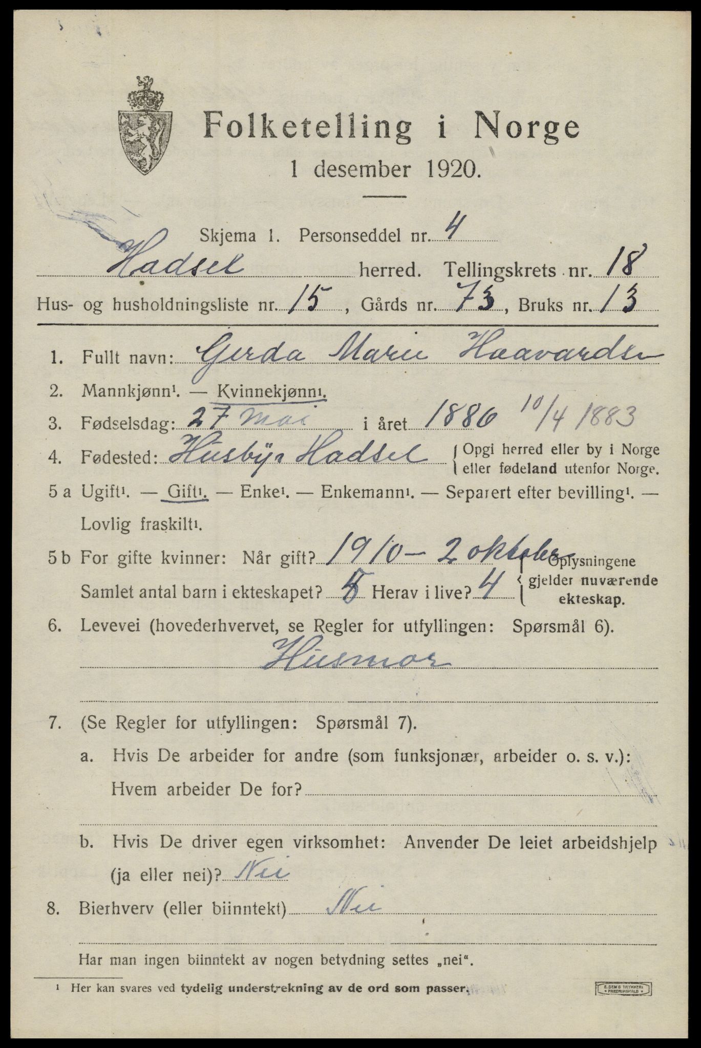 SAT, 1920 census for Hadsel, 1920, p. 16662