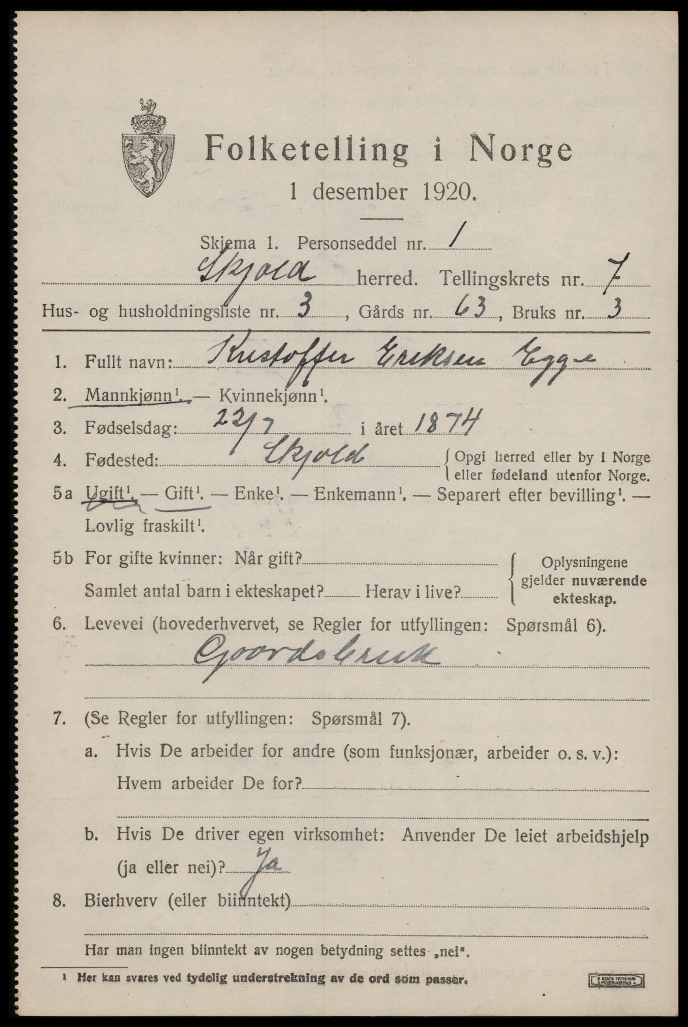 SAST, 1920 census for Skjold, 1920, p. 3904