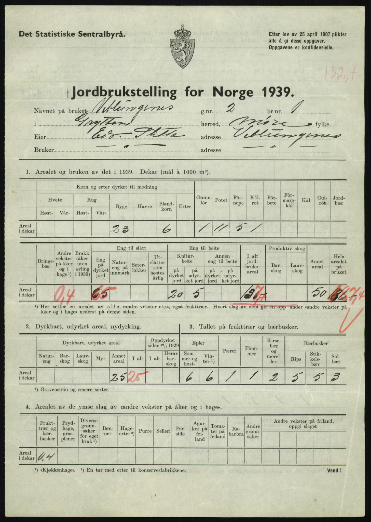 Statistisk sentralbyrå, Næringsøkonomiske emner, Jordbruk, skogbruk, jakt, fiske og fangst, AV/RA-S-2234/G/Gb/L0251: Møre og Romsdal: Voll, Eid, Grytten og Hen, 1939, p. 855