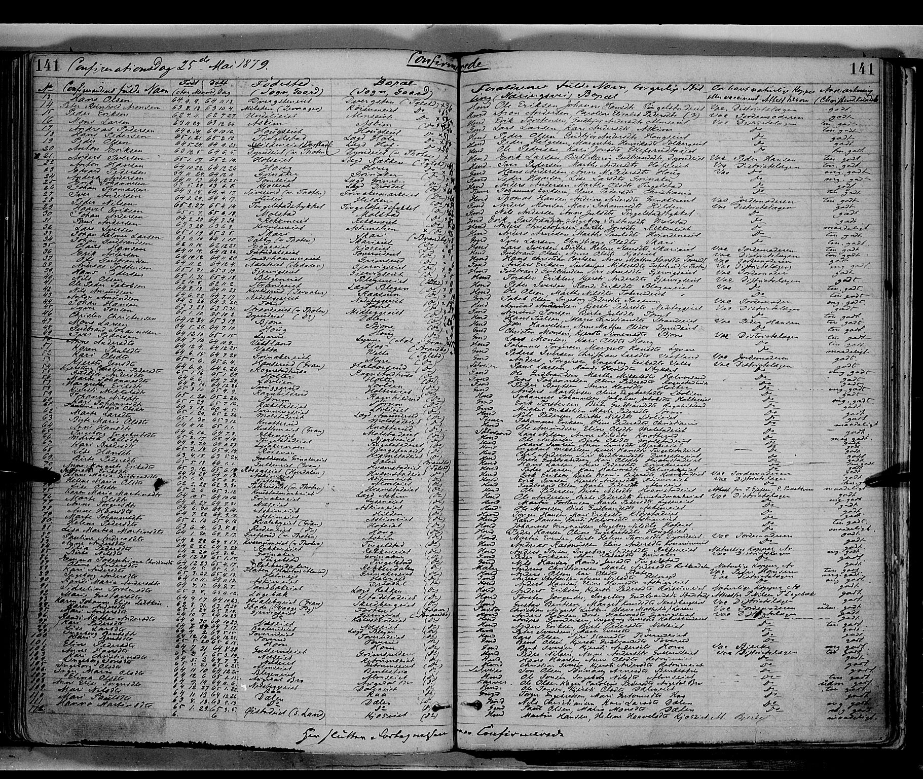 Gran prestekontor, SAH/PREST-112/H/Ha/Haa/L0013: Parish register (official) no. 13, 1875-1879, p. 141