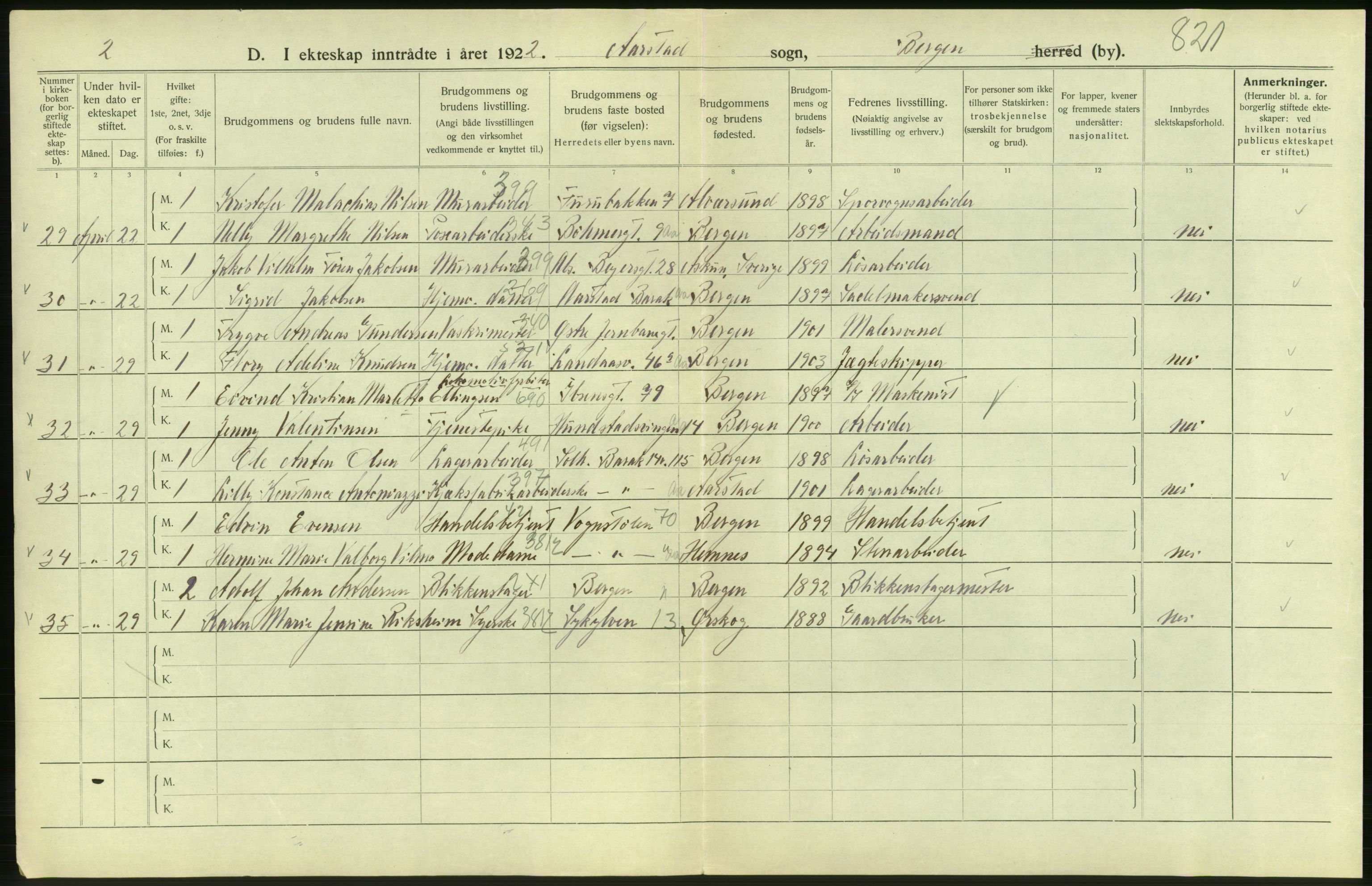 Statistisk sentralbyrå, Sosiodemografiske emner, Befolkning, AV/RA-S-2228/D/Df/Dfc/Dfcb/L0030: Bergen: Gifte, døde, dødfødte., 1922, p. 42