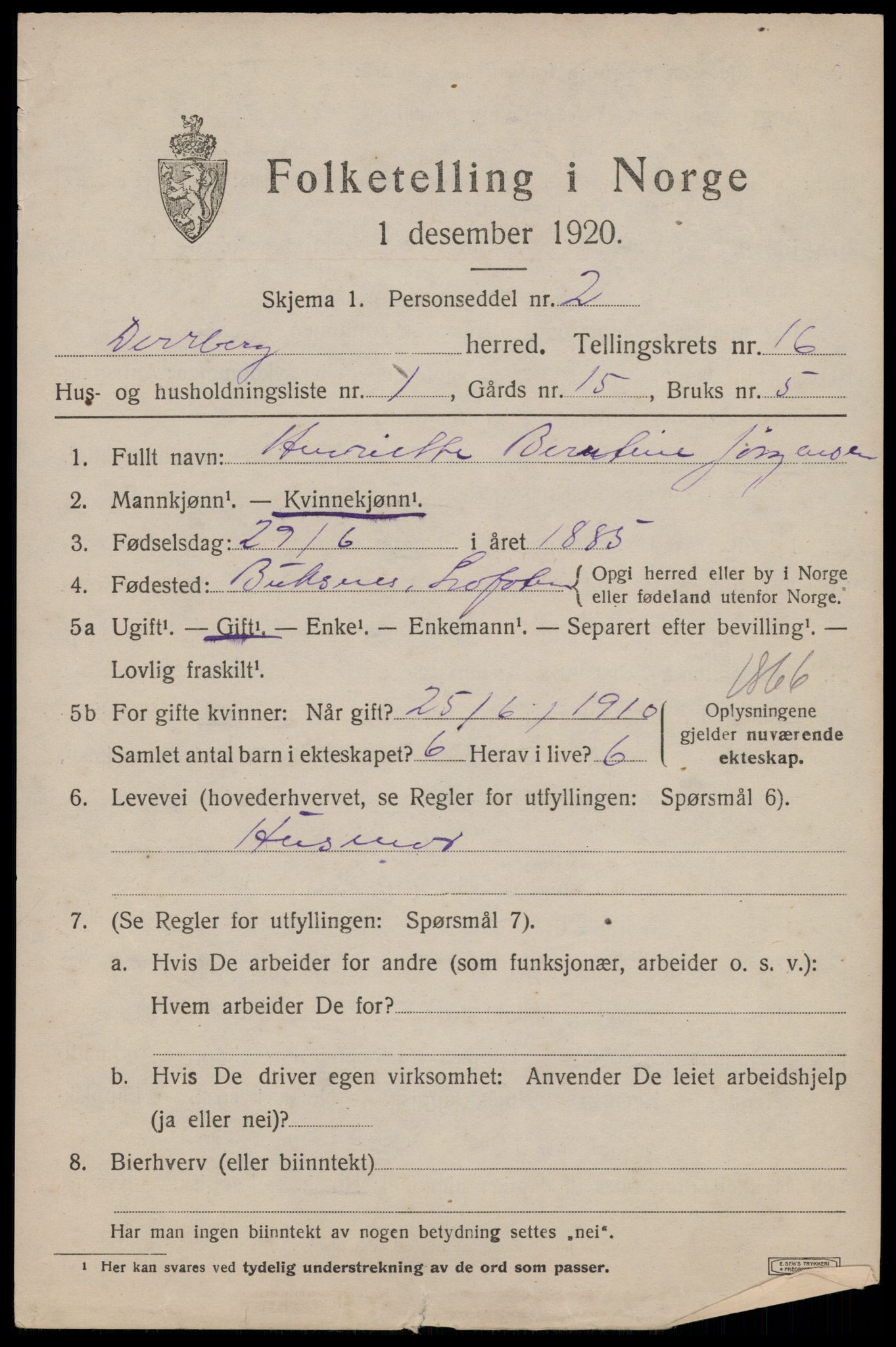 SAT, 1920 census for Dverberg, 1920, p. 11558