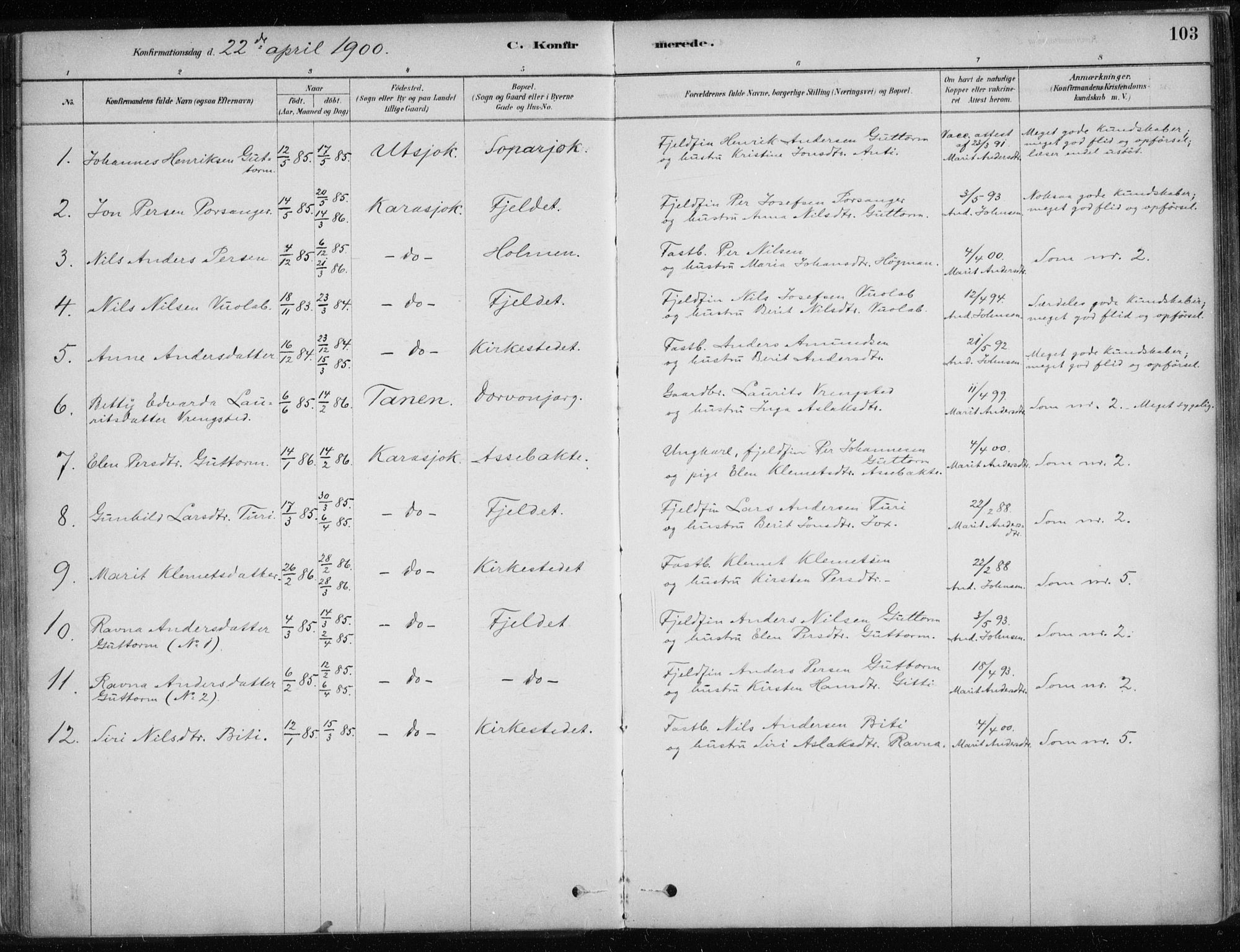 Karasjok sokneprestkontor, SATØ/S-1352/H/Ha/L0002kirke: Parish register (official) no. 2, 1885-1906, p. 103