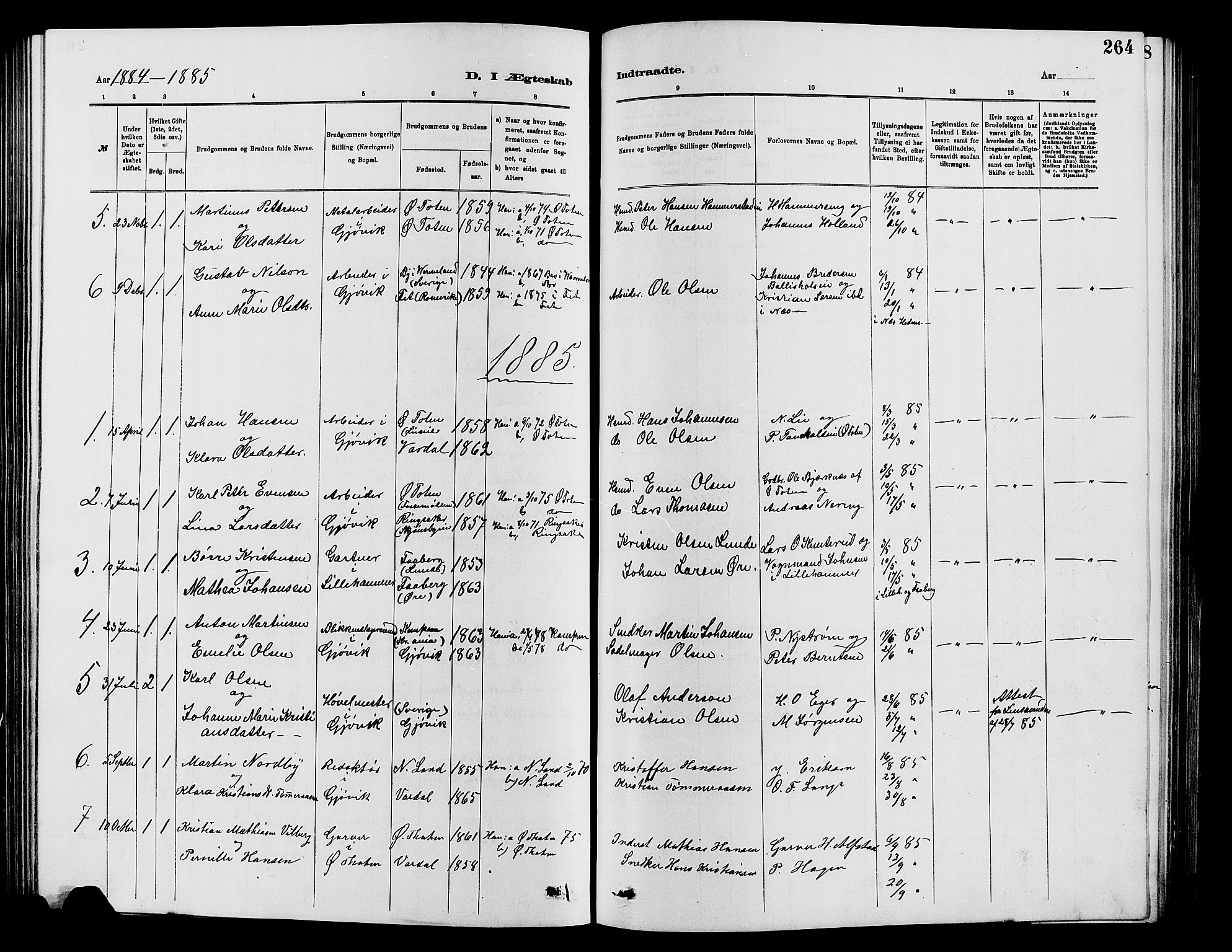 Vardal prestekontor, SAH/PREST-100/H/Ha/Hab/L0007: Parish register (copy) no. 7 /2, 1881-1895, p. 264