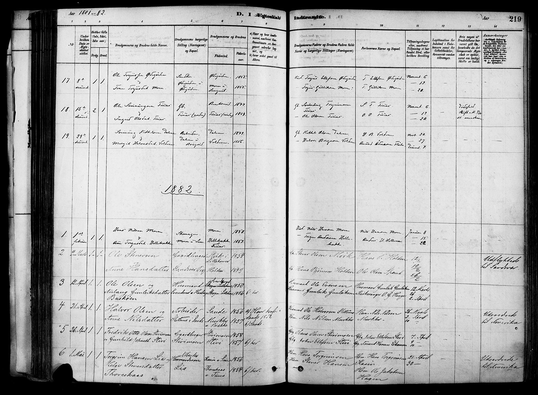 Heddal kirkebøker, SAKO/A-268/F/Fa/L0008: Parish register (official) no. I 8, 1878-1903, p. 219