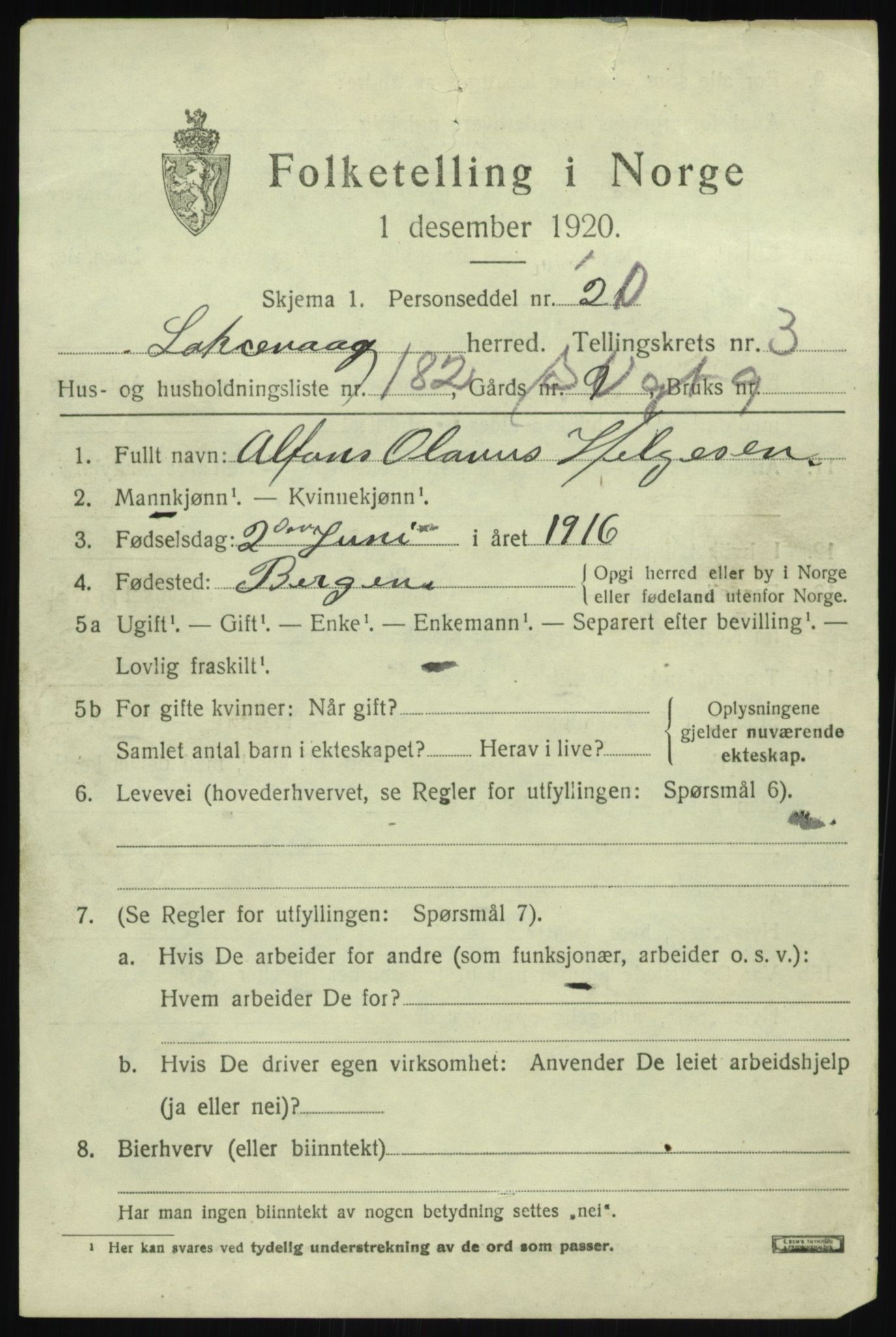 SAB, 1920 census for Laksevåg, 1920, p. 13478