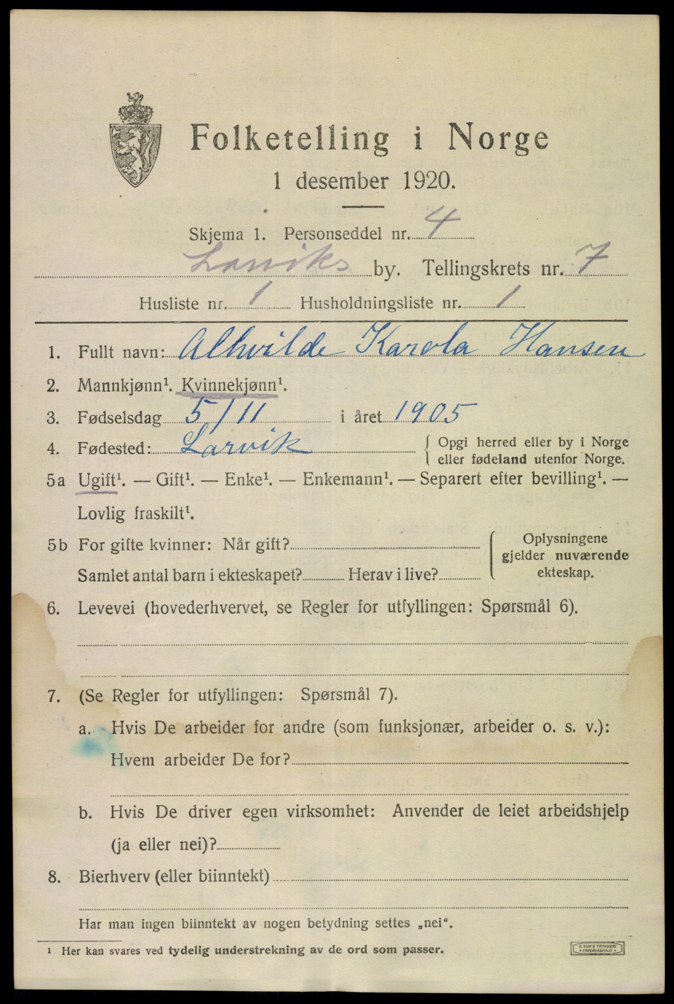 SAKO, 1920 census for Larvik, 1920, p. 20684