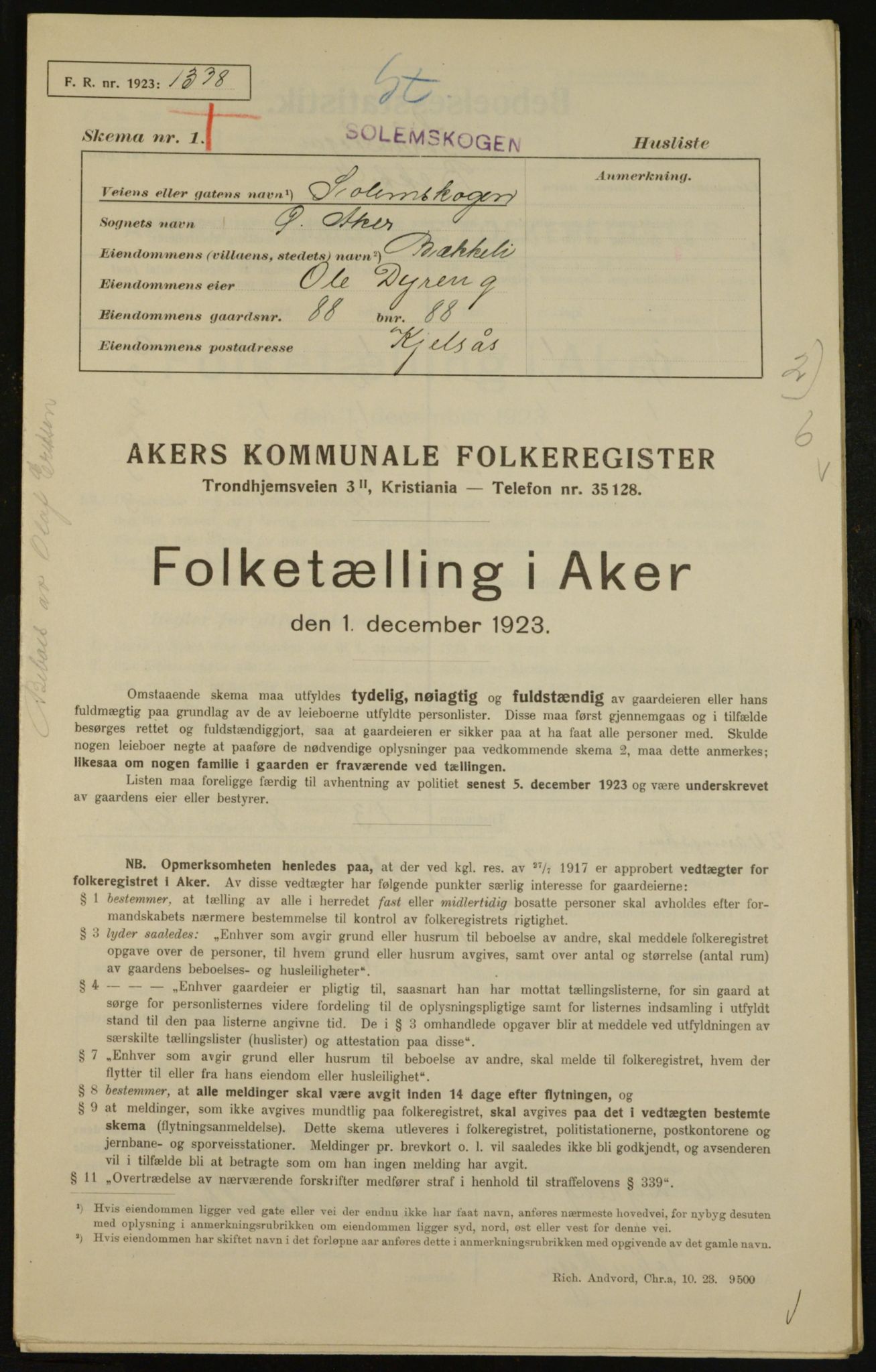 , Municipal Census 1923 for Aker, 1923, p. 31111