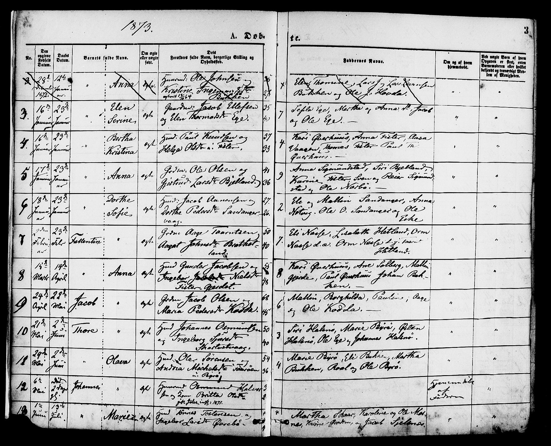 Hjelmeland sokneprestkontor, AV/SAST-A-101843/01/IV/L0013: Parish register (official) no. A 13, 1872-1886, p. 3