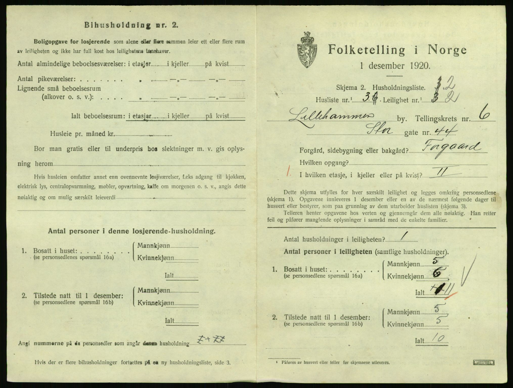 SAH, 1920 census for Lillehammer, 1920, p. 2324
