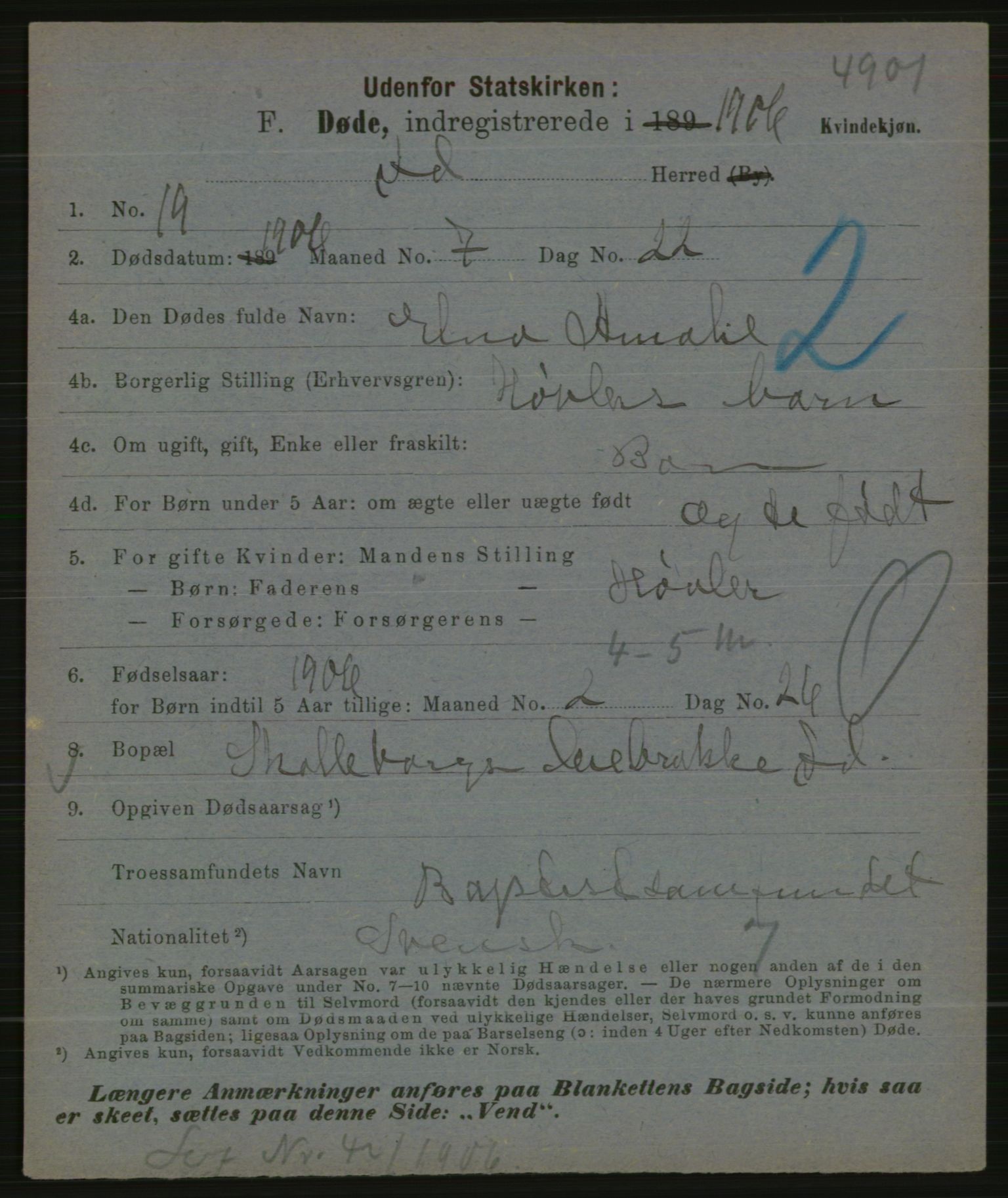 Statistisk sentralbyrå, Sosiodemografiske emner, Befolkning, AV/RA-S-2228/E/L0004: Fødte, gifte, døde dissentere., 1906, p. 2171