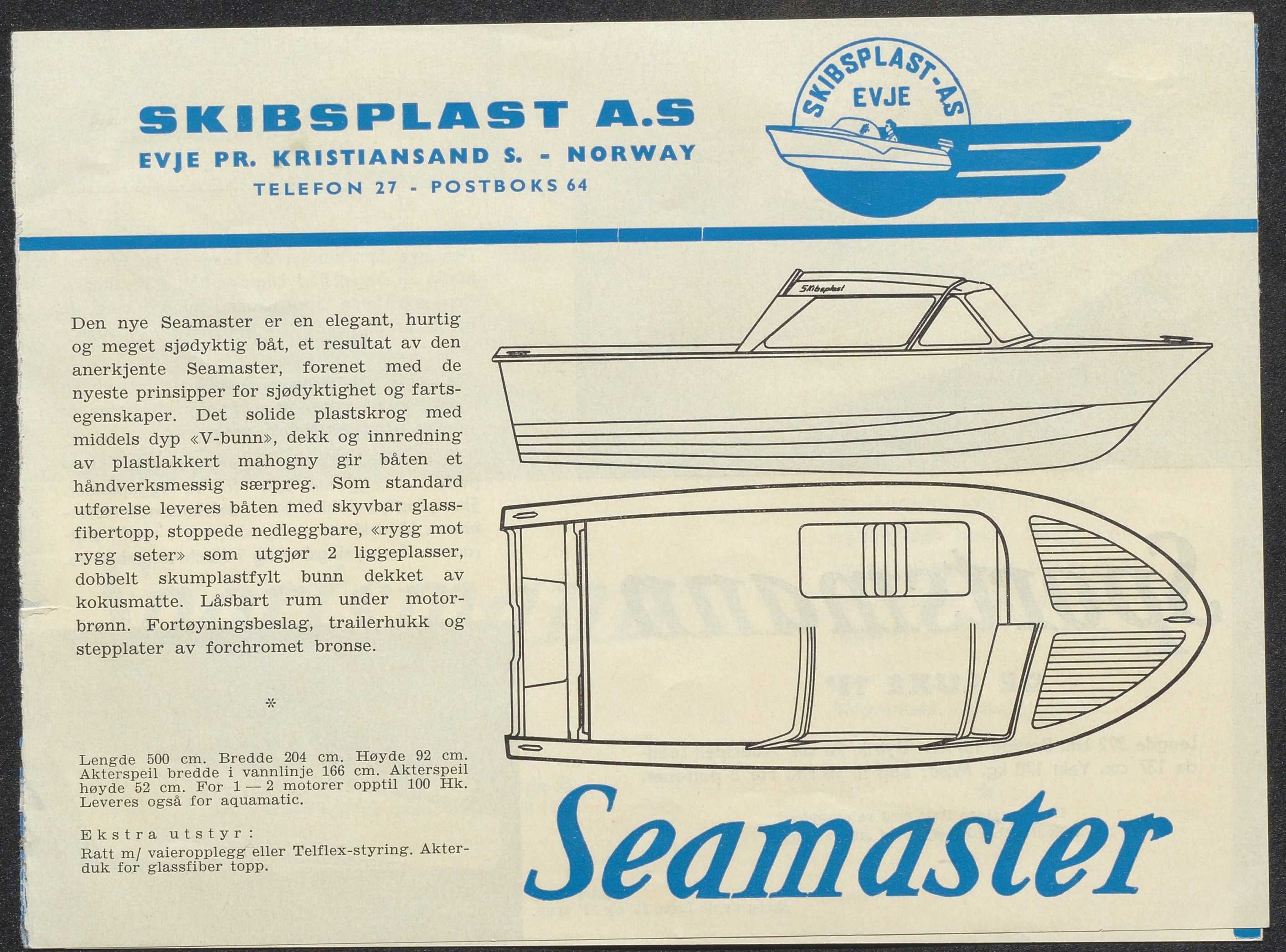 Skibsplast, AAKS/PA-2968/01/X/X01/L0001/0003: Brosjyrer / Seamaster (1958-1962/64). Sportsmann De Luxe 13' (1964-1971). Sportsmann 13' åpen (1960-1964). Sportsmann Junior 11' (1960-1964). Sportsmann Junior m/dekk (1964-1973), 1958-1973