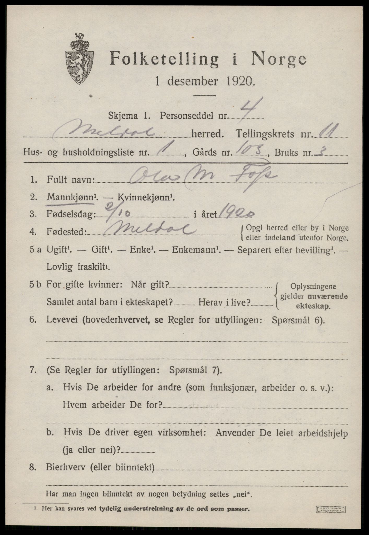 SAT, 1920 census for Meldal, 1920, p. 8505