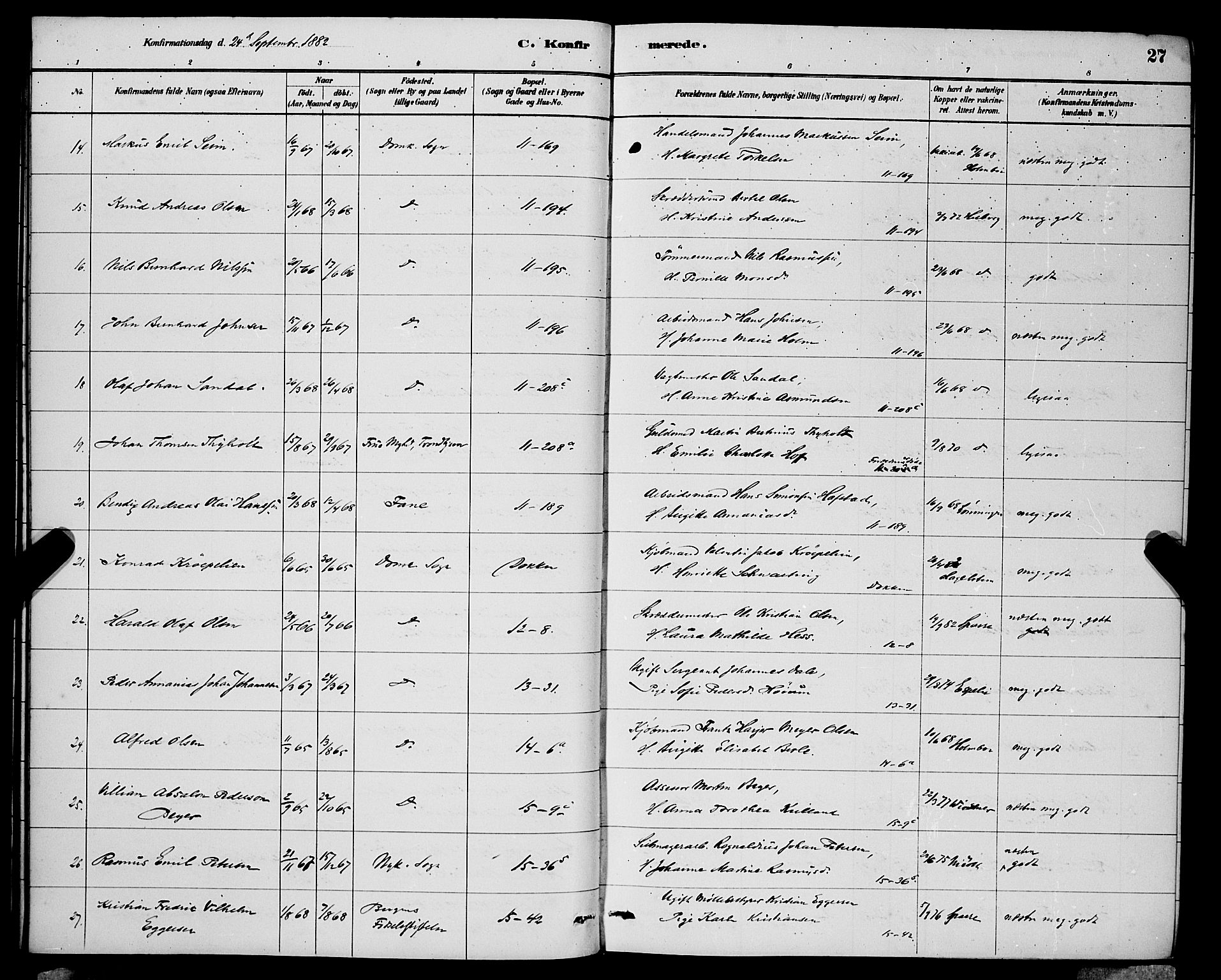 Domkirken sokneprestembete, AV/SAB-A-74801/H/Hab/L0024: Parish register (copy) no. C 4, 1880-1899, p. 27