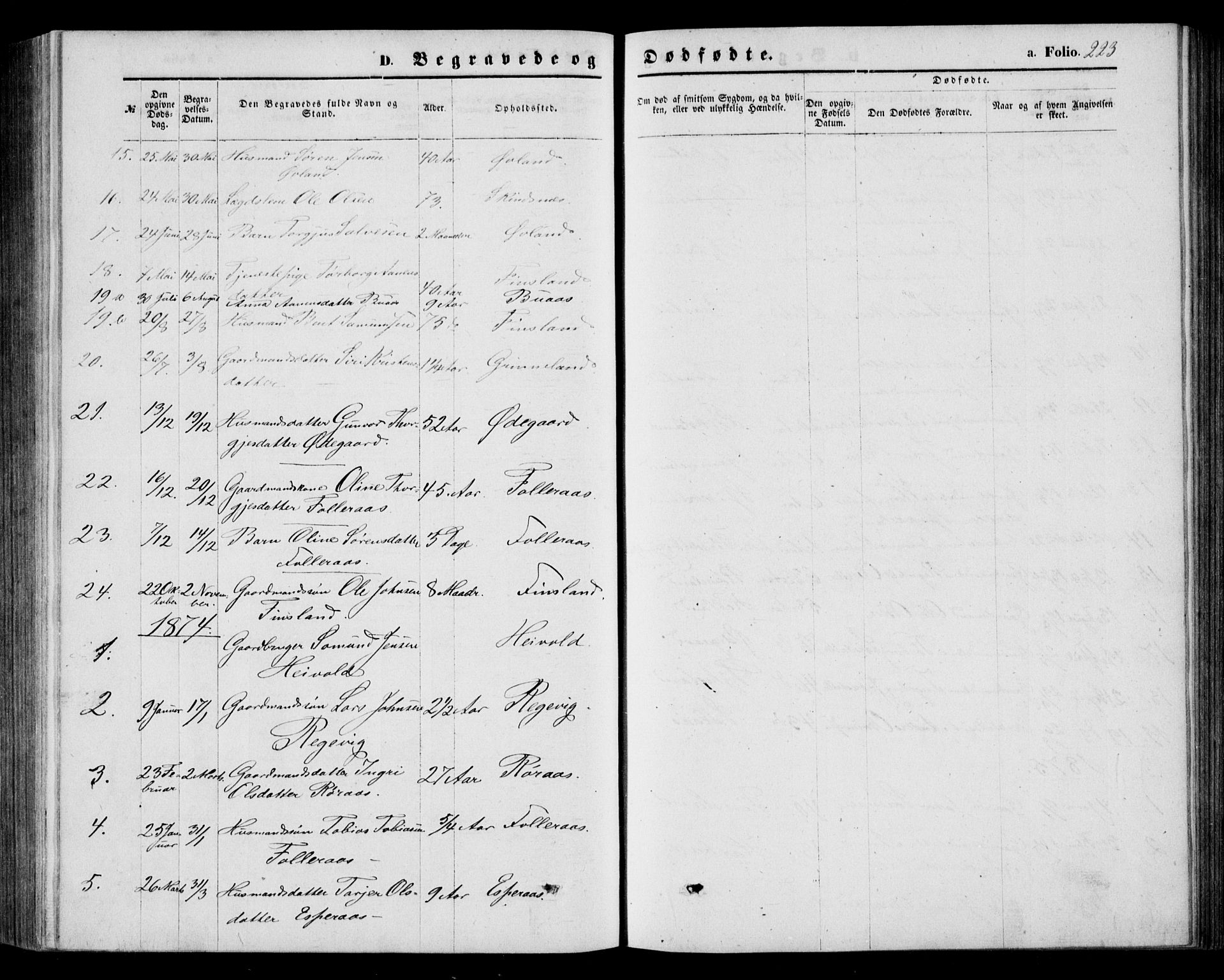 Bjelland sokneprestkontor, AV/SAK-1111-0005/F/Fb/Fbb/L0004: Parish register (copy) no. B 4, 1867-1887, p. 223