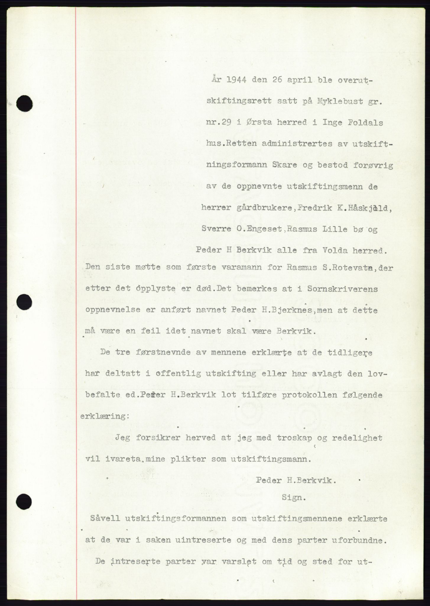 Søre Sunnmøre sorenskriveri, AV/SAT-A-4122/1/2/2C/L0076: Mortgage book no. 2A, 1943-1944, Diary no: : 1052/1944