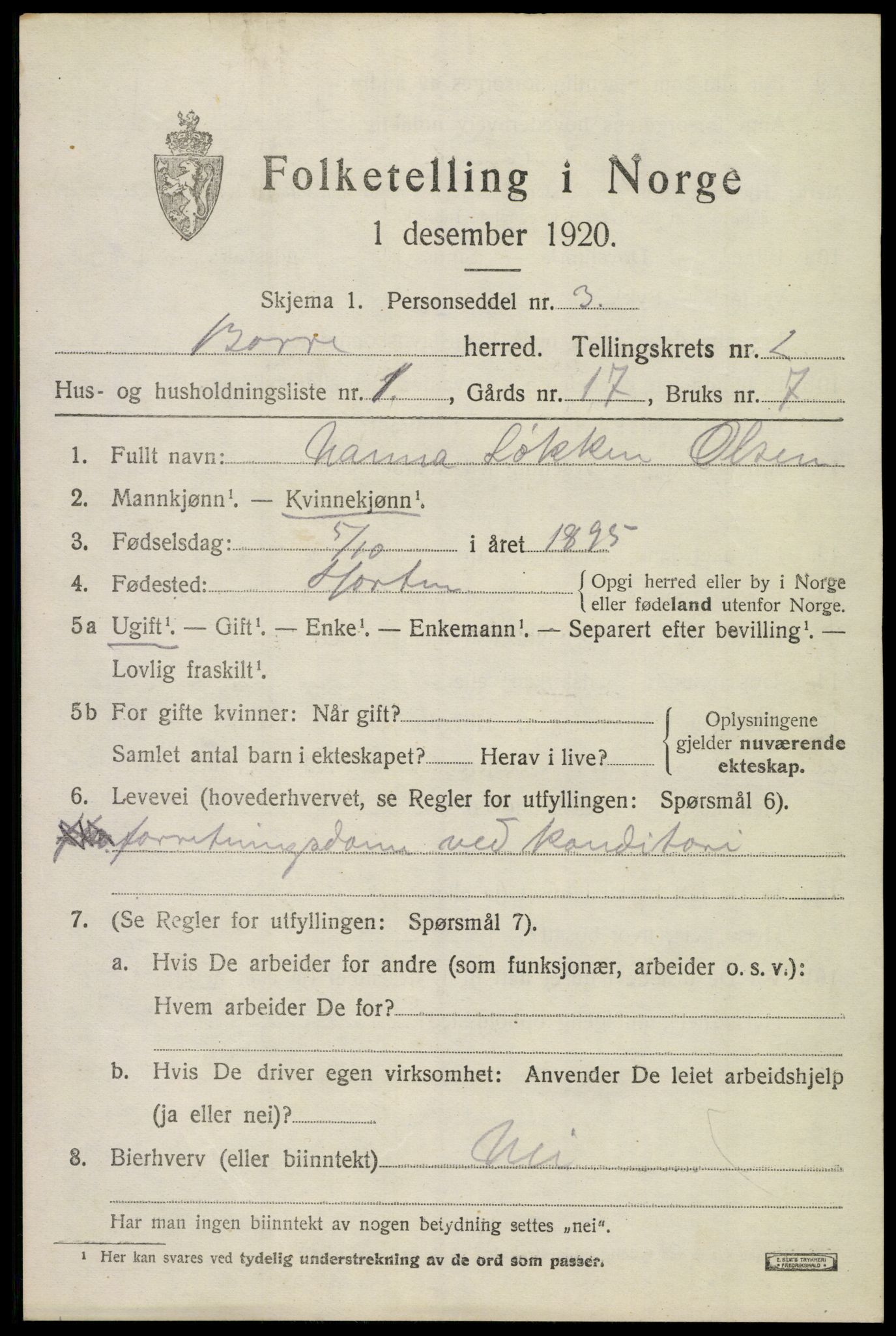 SAKO, 1920 census for Borre, 1920, p. 4190