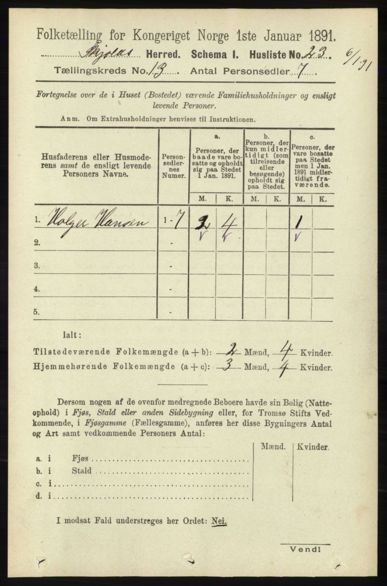 RA, 1891 census for 1154 Skjold, 1891, p. 2393