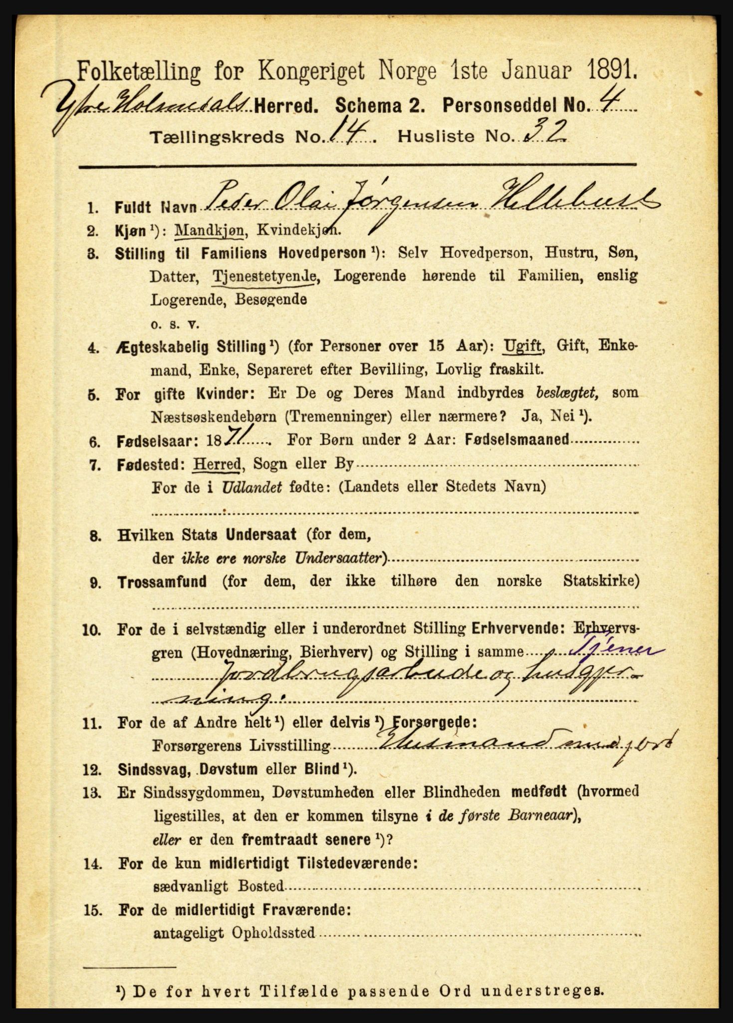 RA, 1891 census for 1429 Ytre Holmedal, 1891, p. 3954