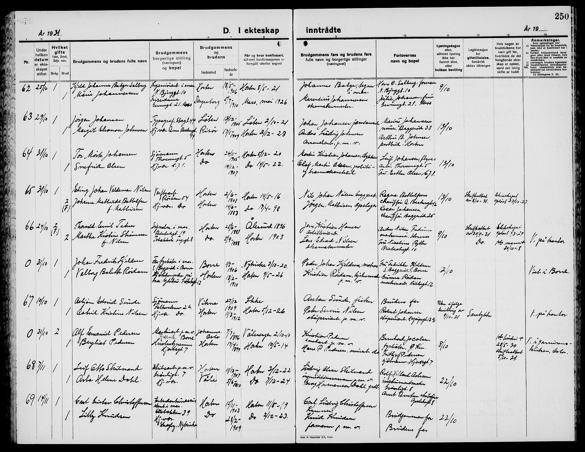 Horten kirkebøker, AV/SAKO-A-348/G/Ga/L0009: Parish register (copy) no. 9, 1926-1936, p. 250