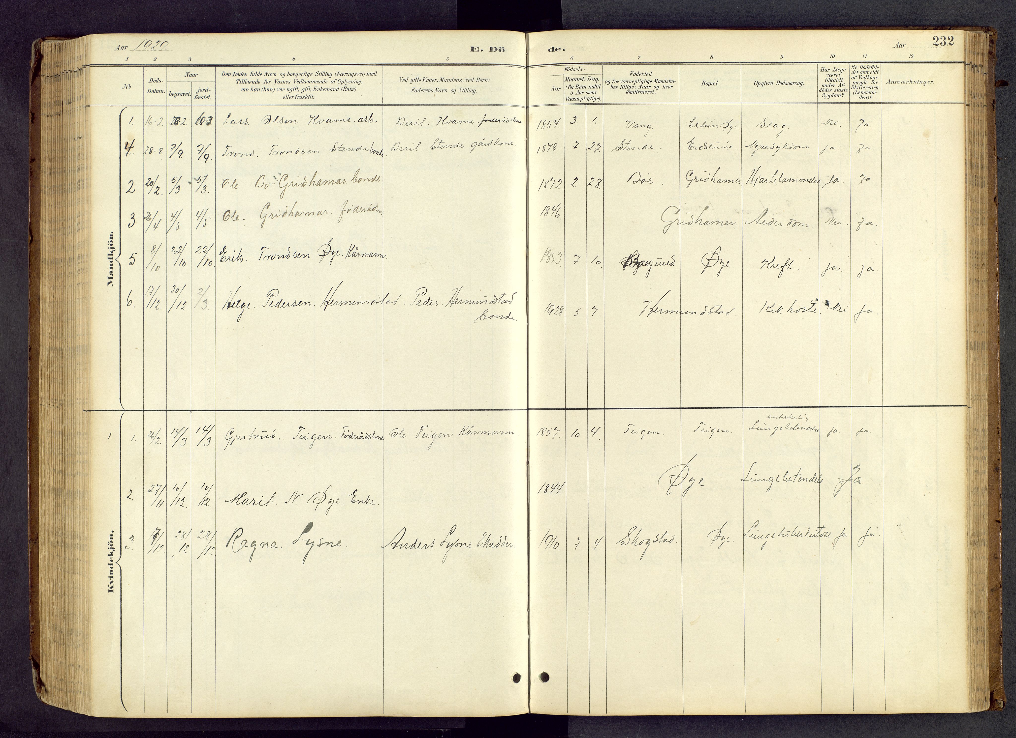 Vang prestekontor, Valdres, SAH/PREST-140/H/Hb/L0005: Parish register (copy) no. 5, 1889-1945, p. 232